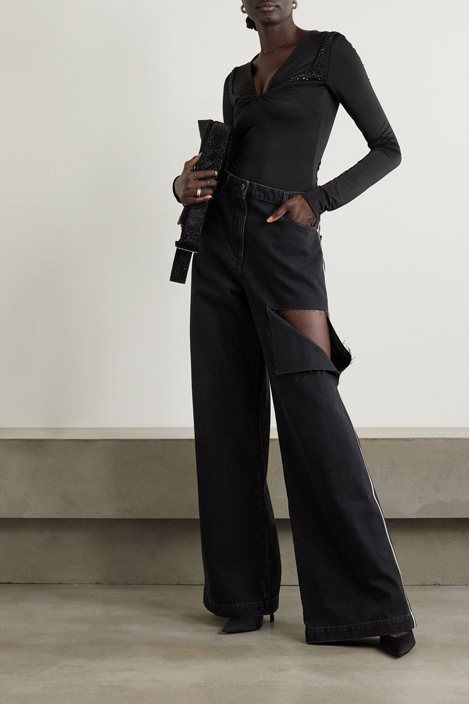 16arlington Tevenz Twist-front Crystal-embellished Stretch-jersey Bodysuit In Black