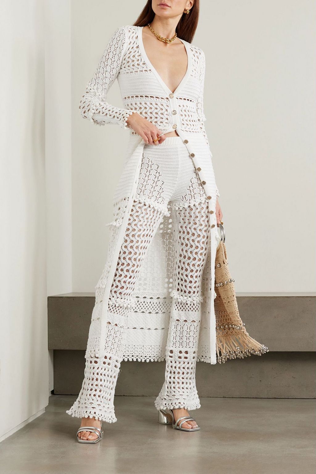 RETROFÊTE Kyla iridescent crochet-knit cotton-blend straight-leg pants