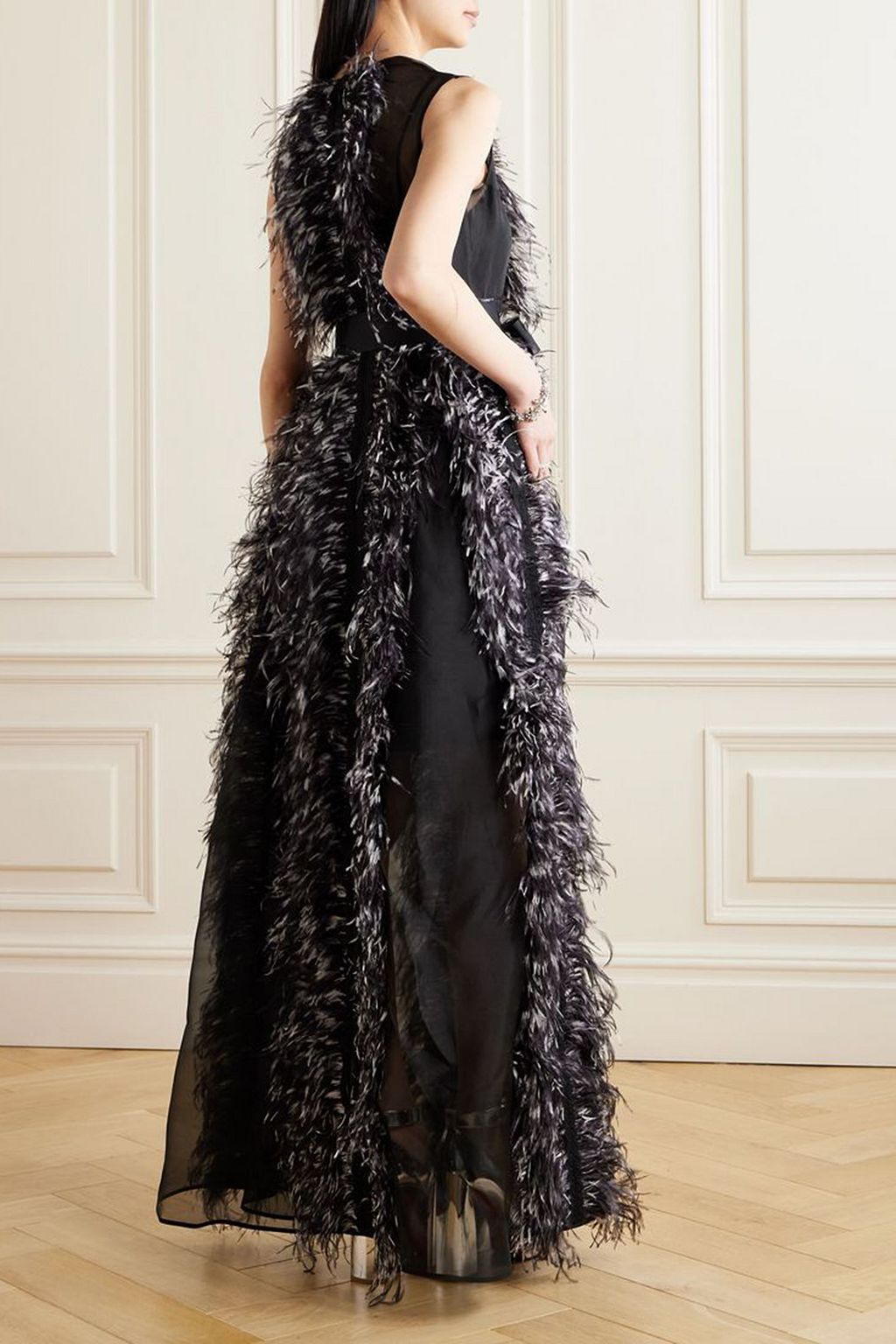 HUISHAN ZHANG Beau feather and grosgrain-trimmed silk-organza gown