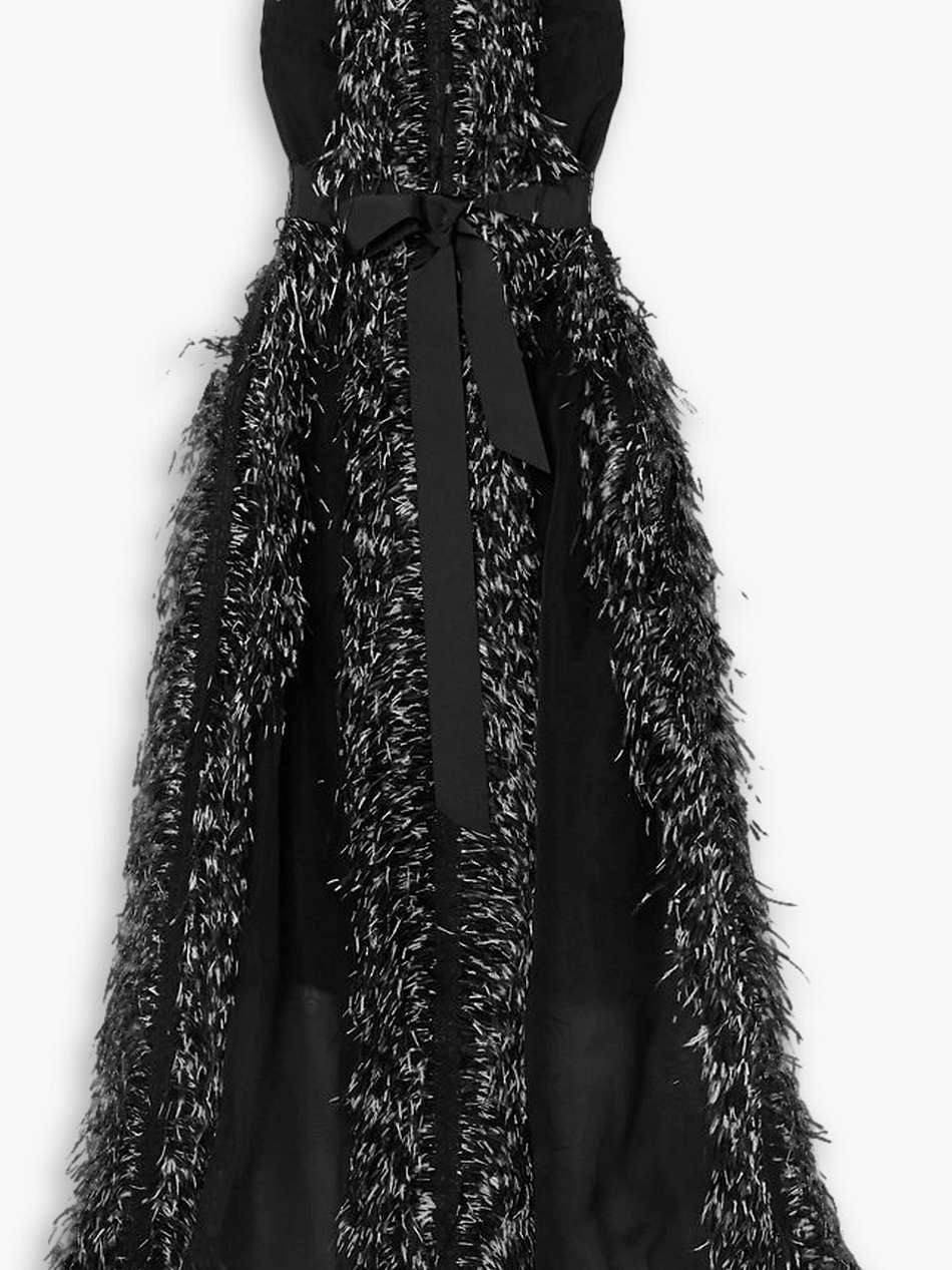 beau feather and grosgrain-trimmed silk-organza gown