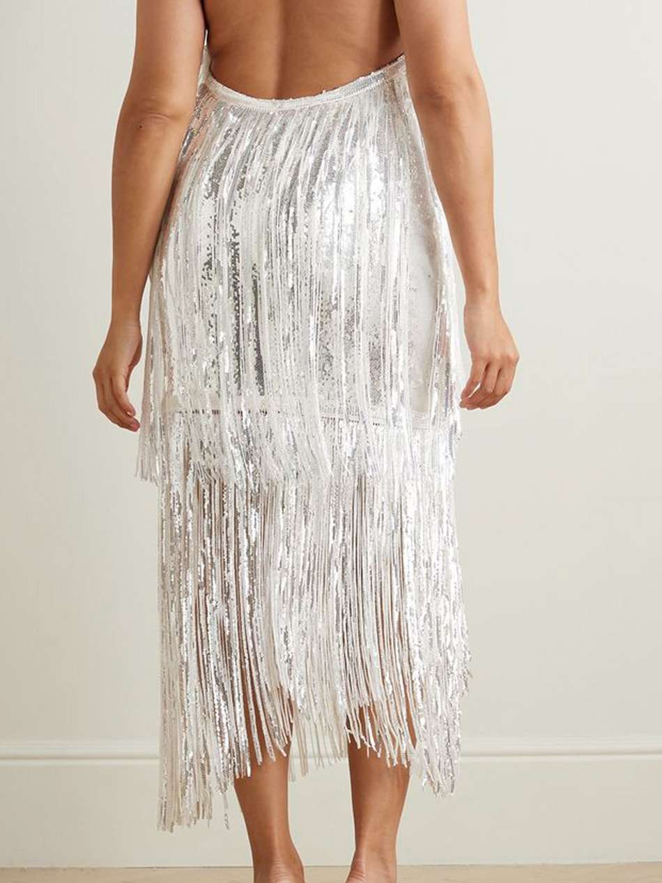noor fringed sequined crepe halterneck mini dress