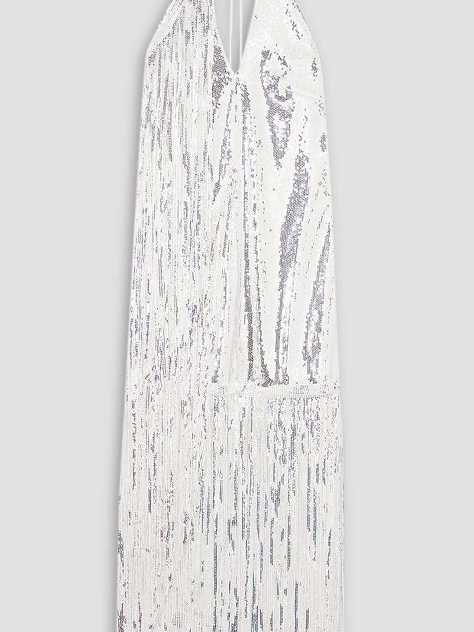noor fringed sequined crepe halterneck mini dress