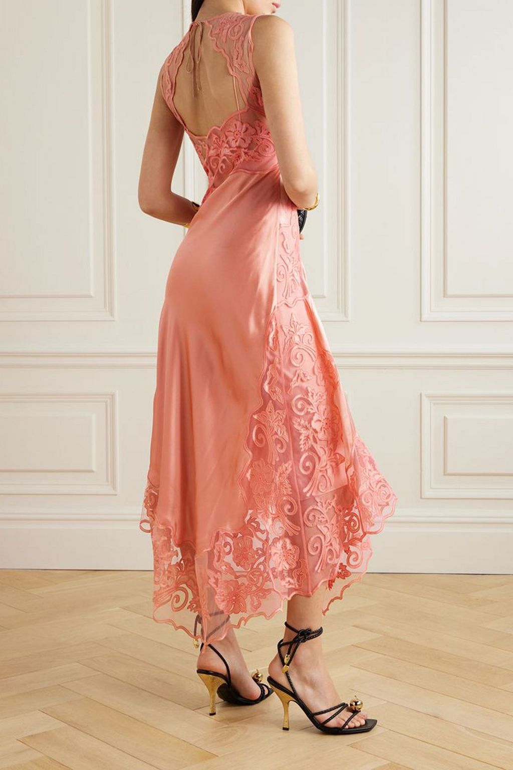 ULLA JOHNSON Kaia open-back asymmetric appliquéd tulle-trimmed silk-charmeuse midi dress