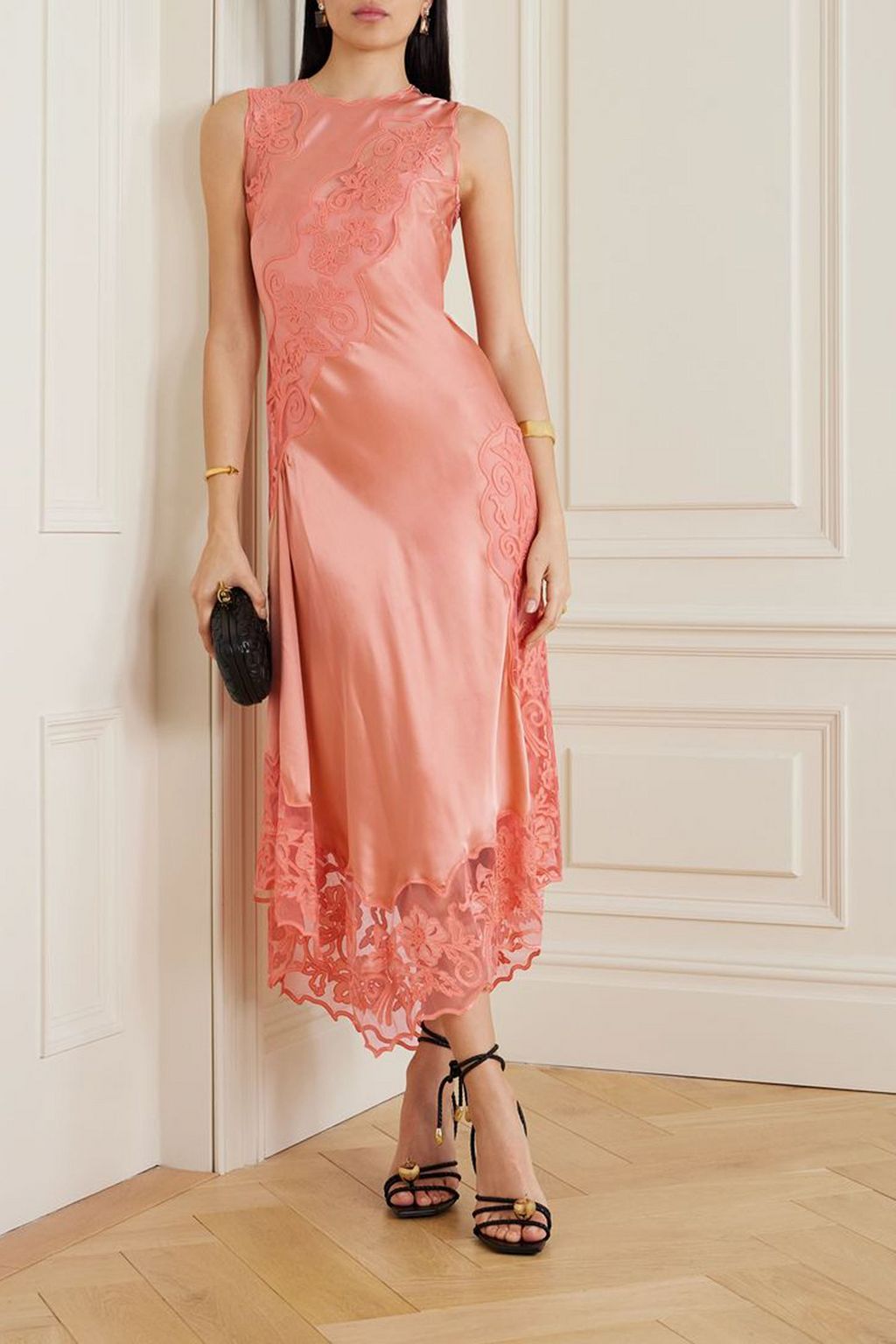 ULLA JOHNSON Kaia open-back asymmetric appliquéd tulle-trimmed silk-charmeuse midi dress