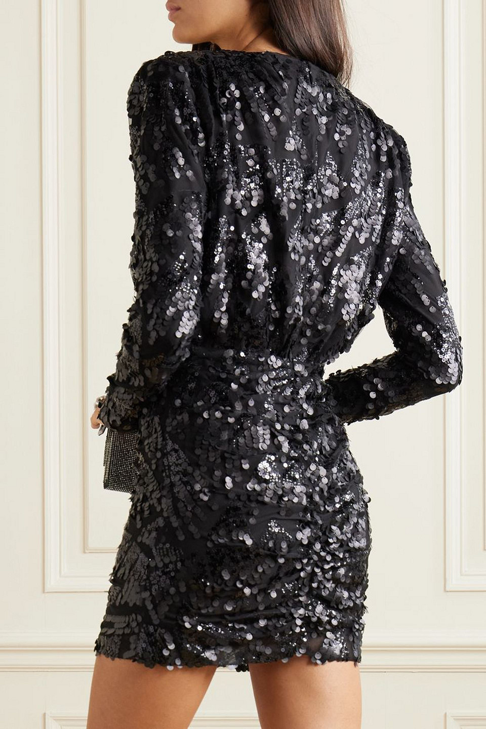 Rotate Birger Christensen Sue Sequin-trimmed Recycled-chiffon Mini Dress In Black