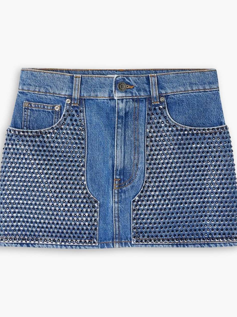 crystal-embellished printed denim mini skirt