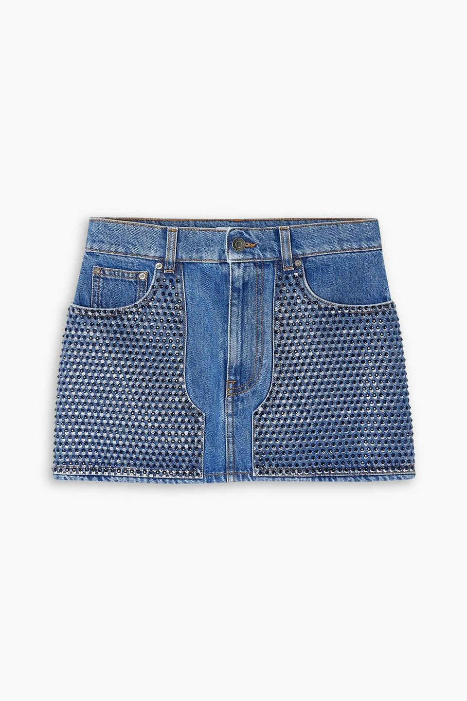 Crystal-embellished printed denim mini skirt