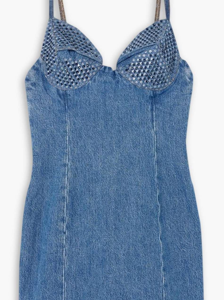crystal-embellished polka-dot denim mini dress