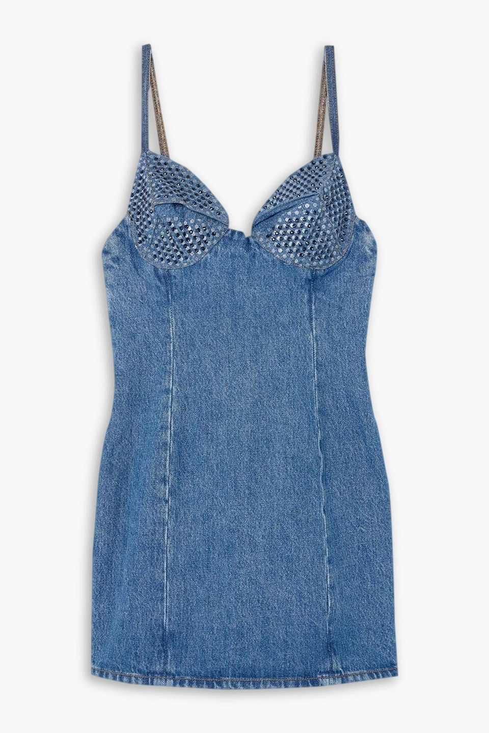 Crystal-embellished polka-dot denim mini dress