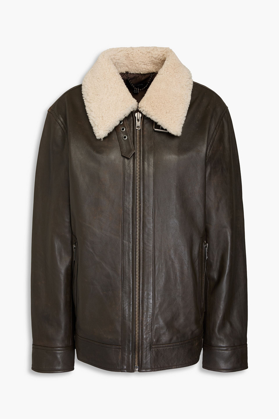 Muubaa Shearling-trimmed Leather Jacket In Dark Brown