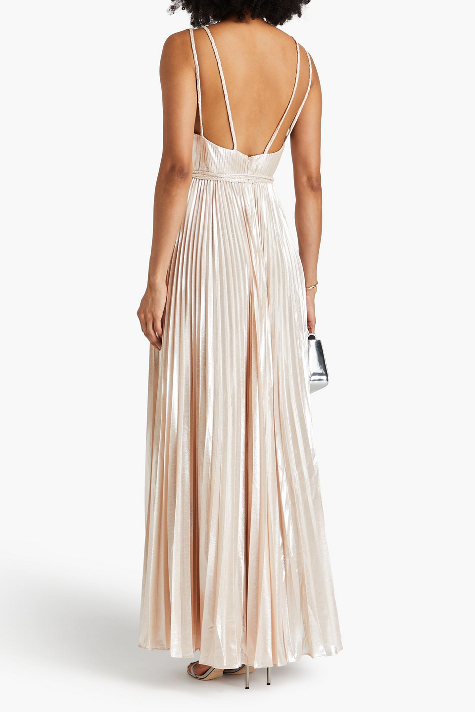 HALSTON ACE PLEATED METALLIC CHIFFON GOWN