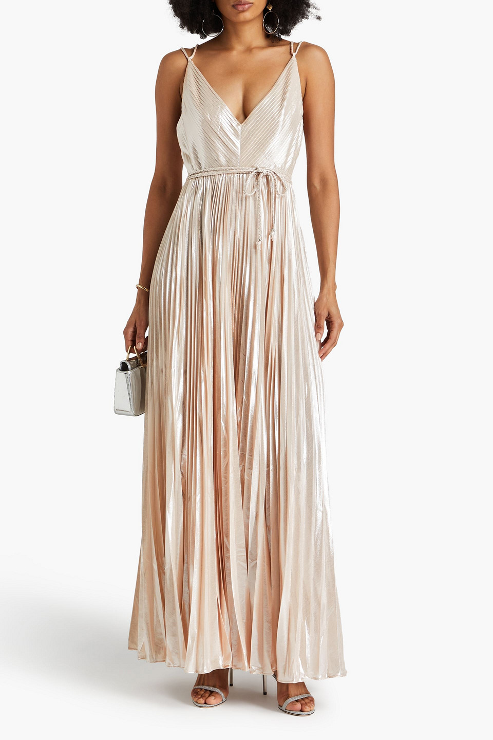 HALSTON ACE PLEATED METALLIC CHIFFON GOWN