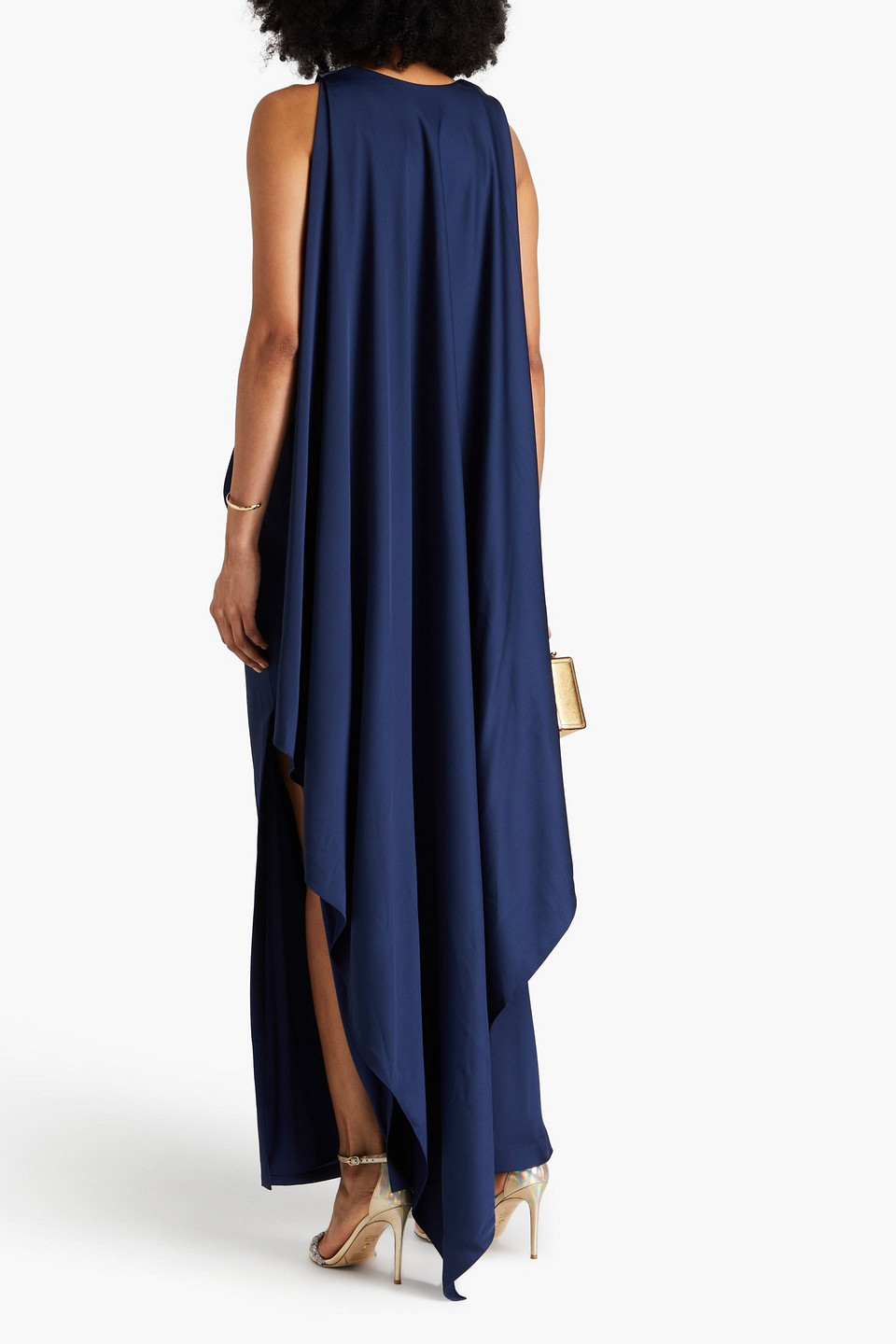 HALSTON CYRA DRAPED CREPE-SATIN PANELED CREPE GOWN