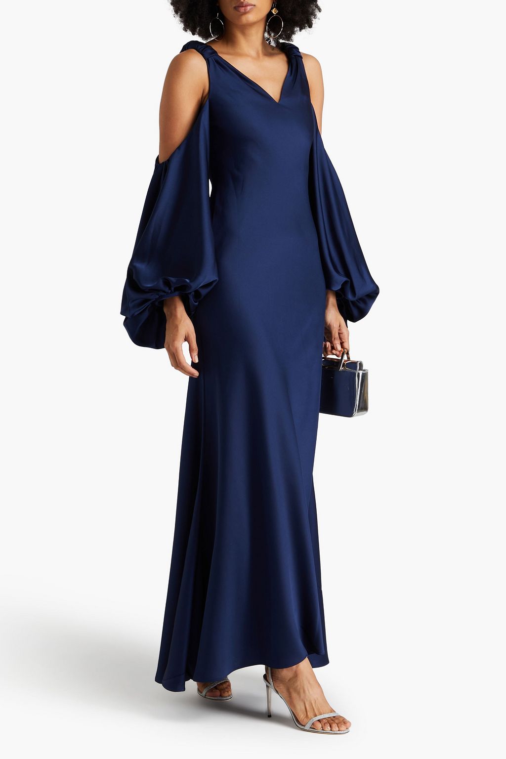 HALSTON Binnie cold-shoulder ruched satin gown