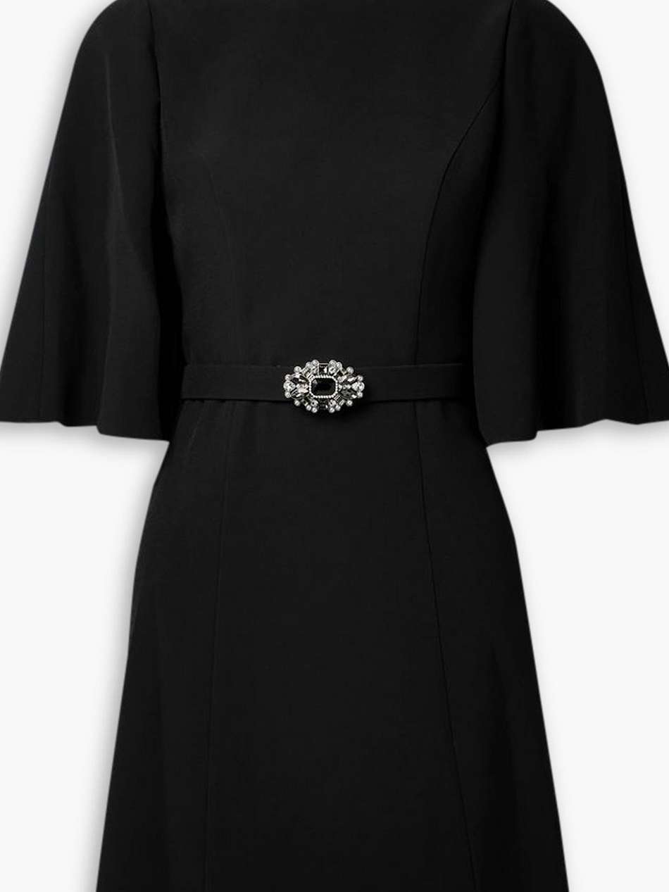 cape-effect belted crystal and faux pearl-embellished crepe mini dress