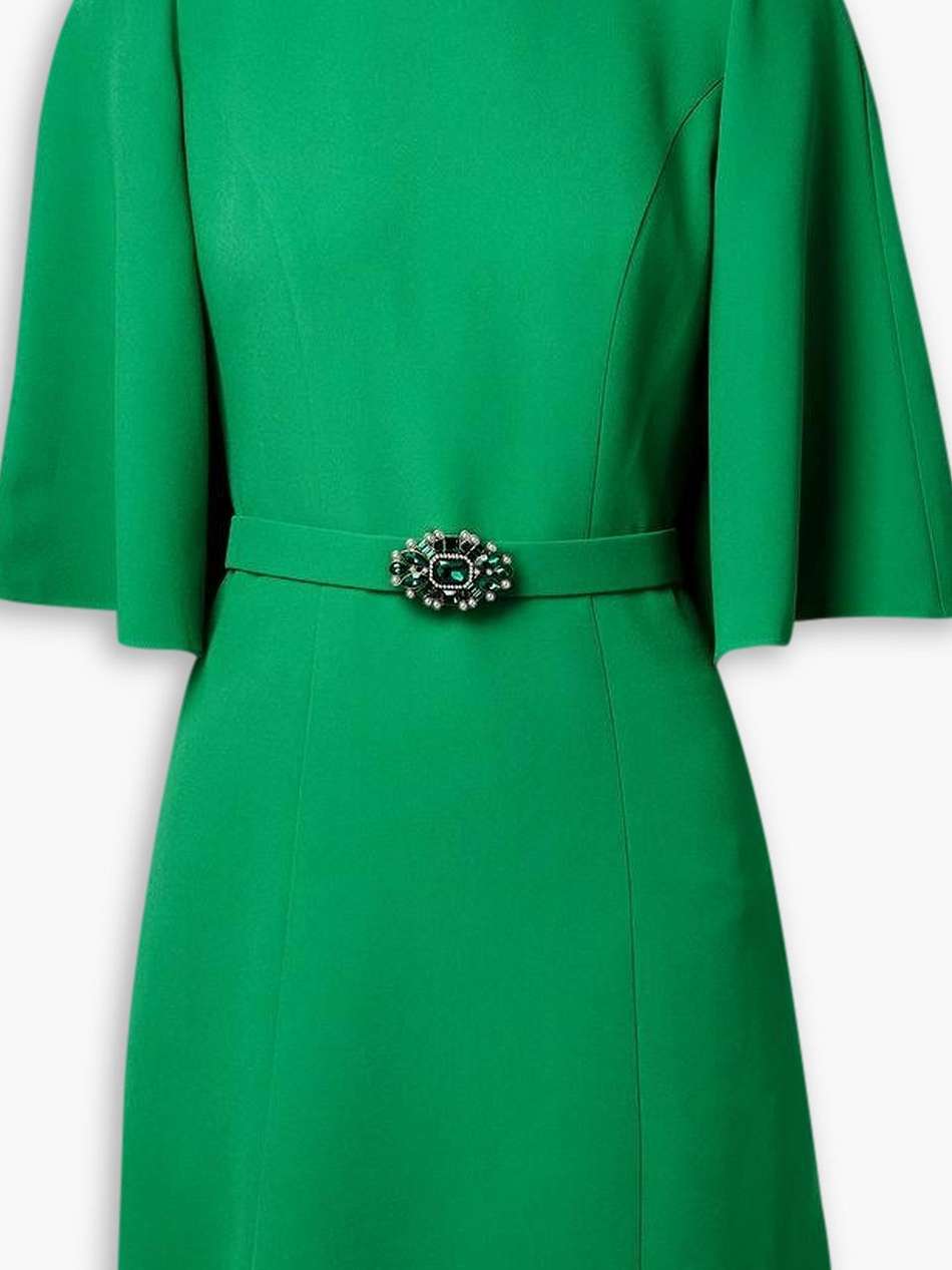 cape-effect belted crystal and faux pearl-embellished crepe mini dress