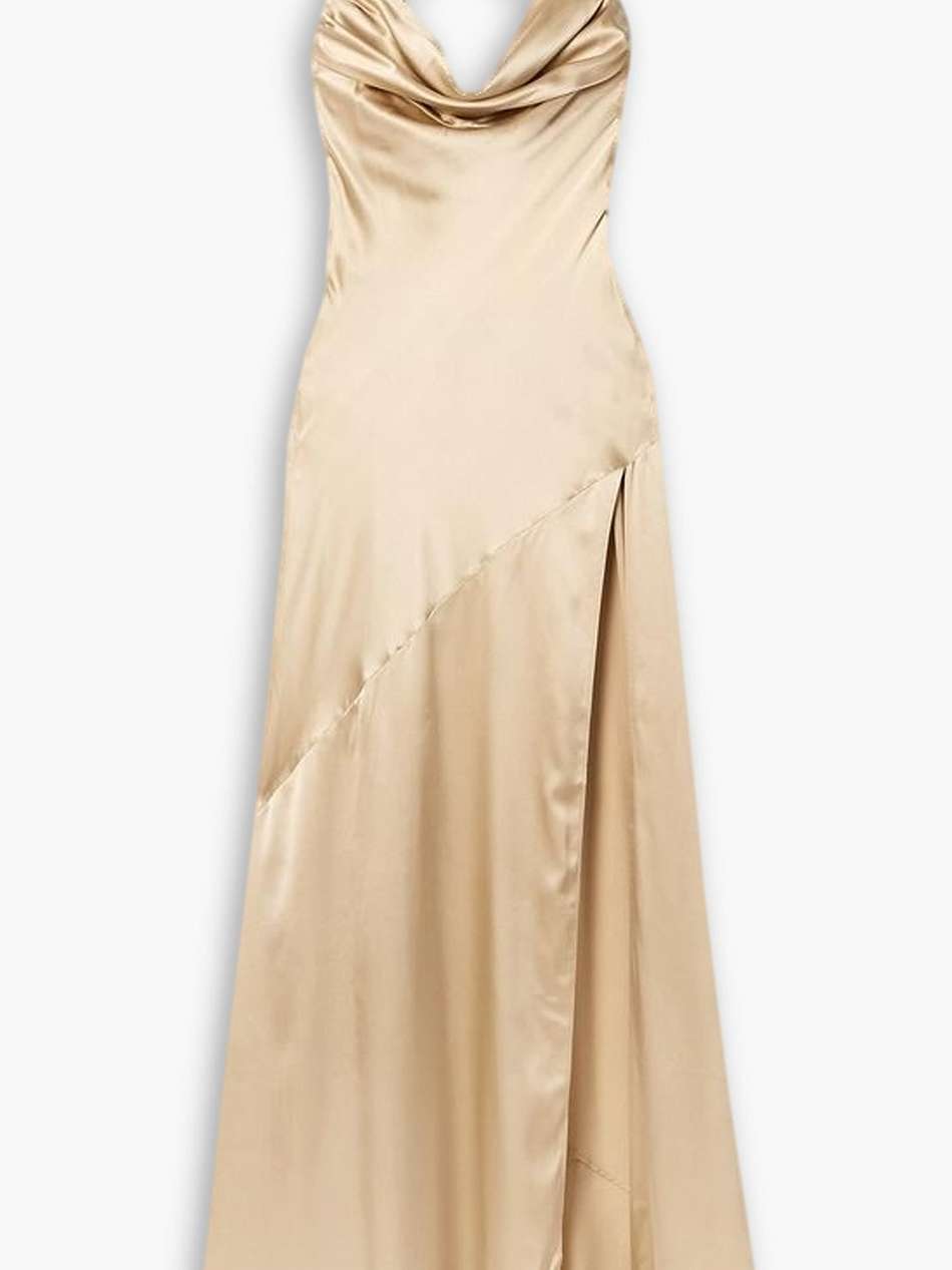 emery crystal-embellished draped silk-blend satin gown