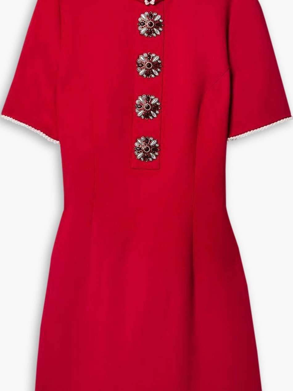 crystal and faux pearl-embellished crepe mini dress