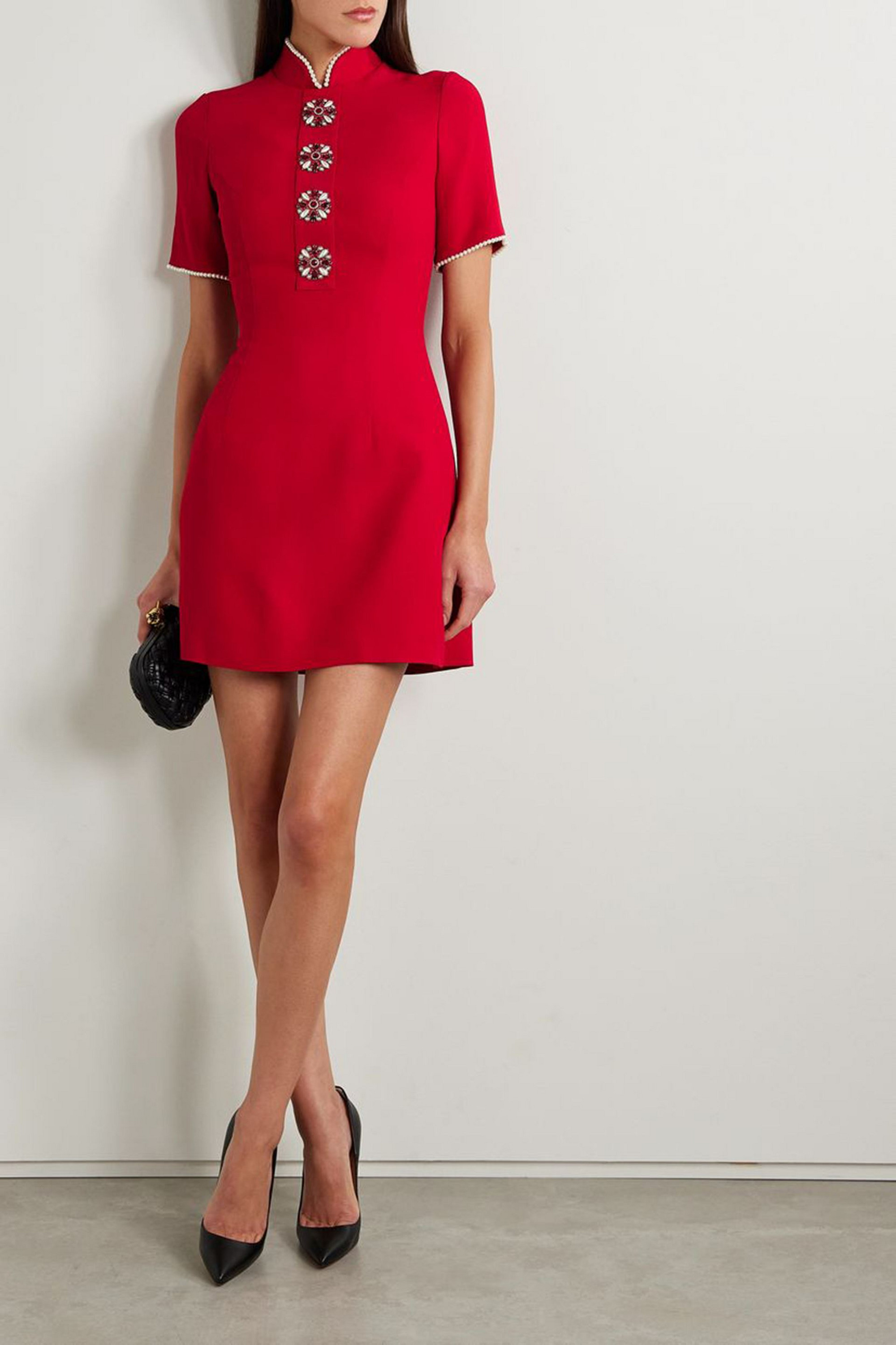 Andrew Gn Crystal and faux pearl-embellished crepe mini dress