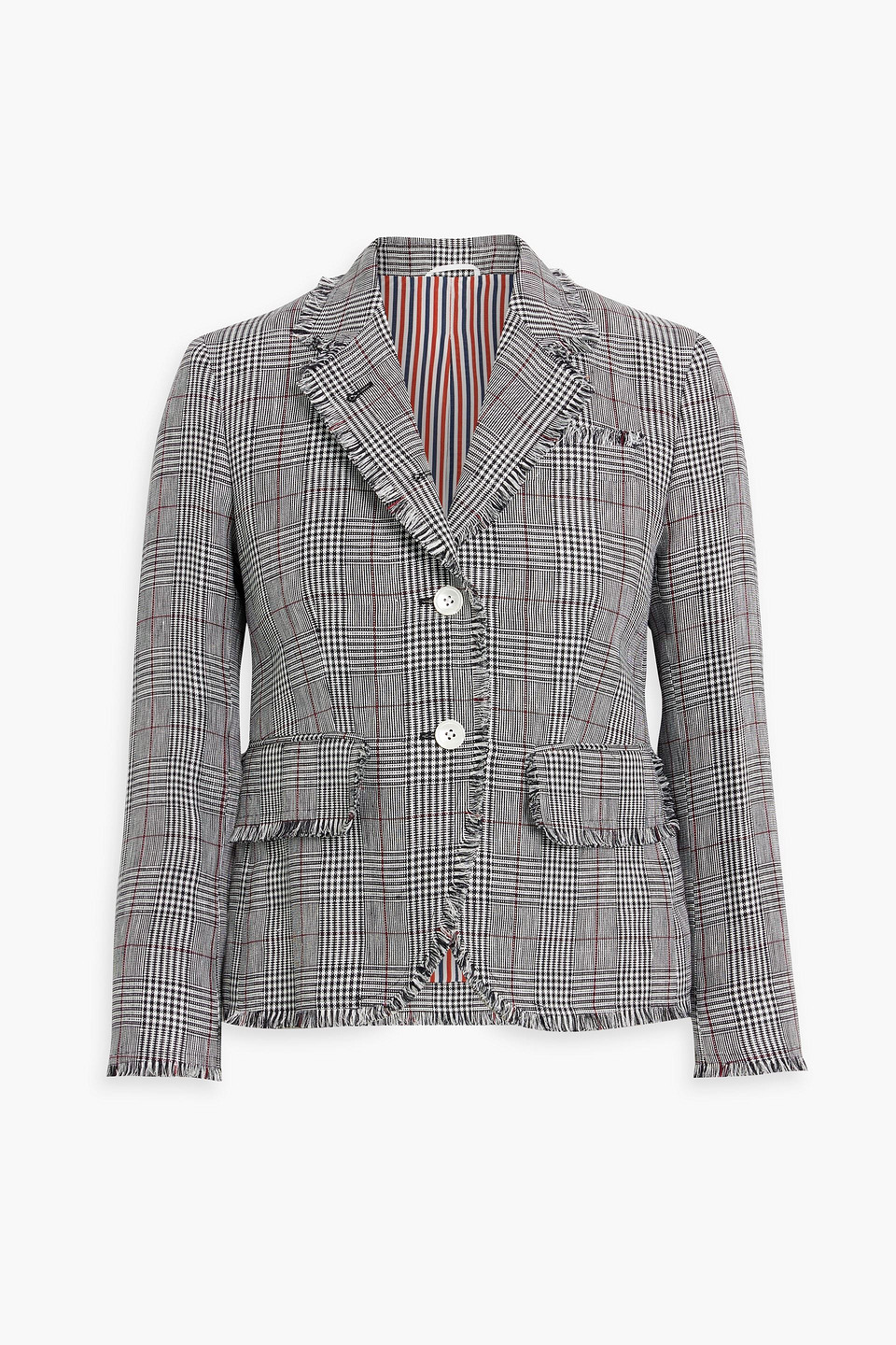 Thom Browne Frayed Checked Linen-tweed Blazer In Black