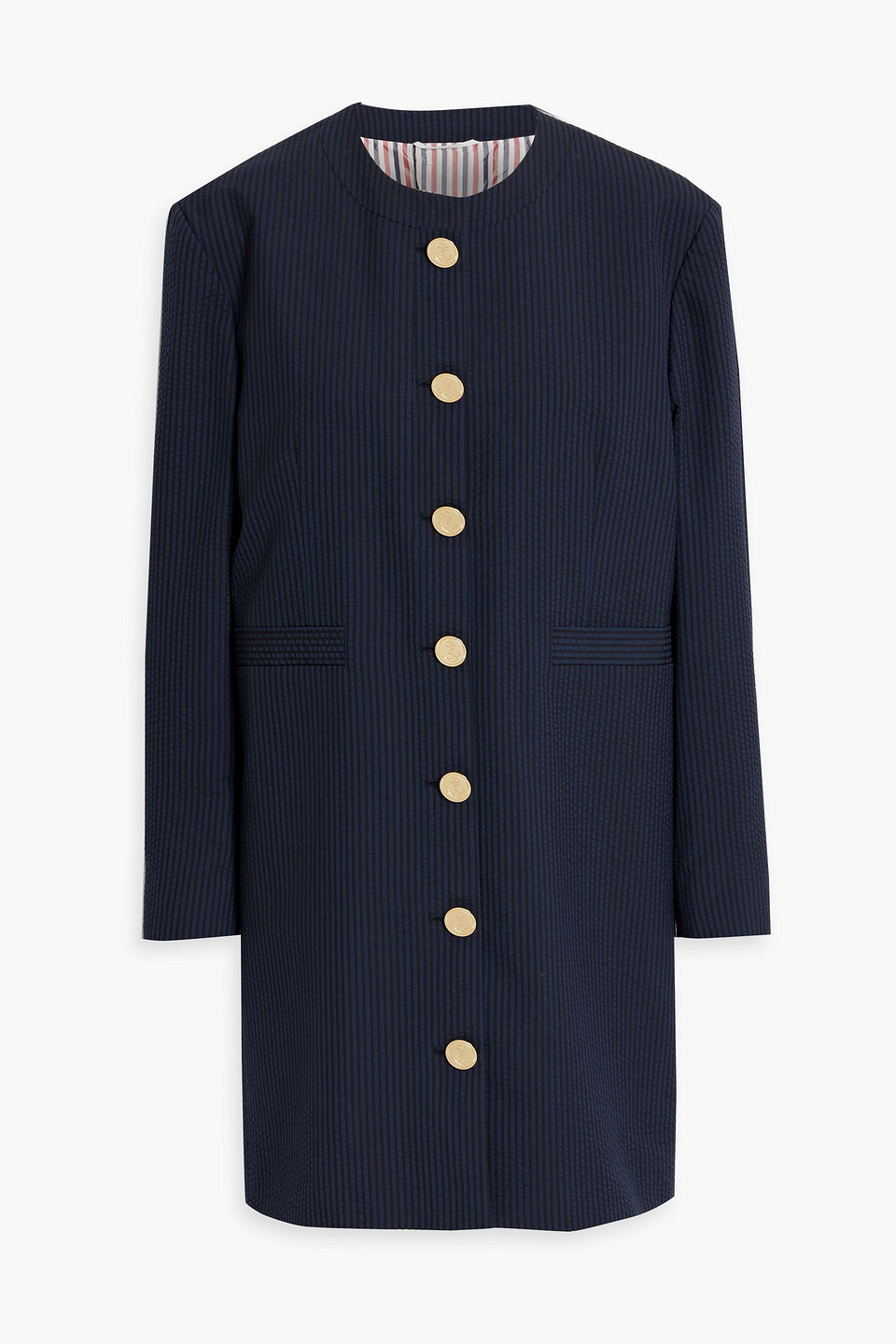Thom Browne Striped Wool-seersucker Coat In Navy