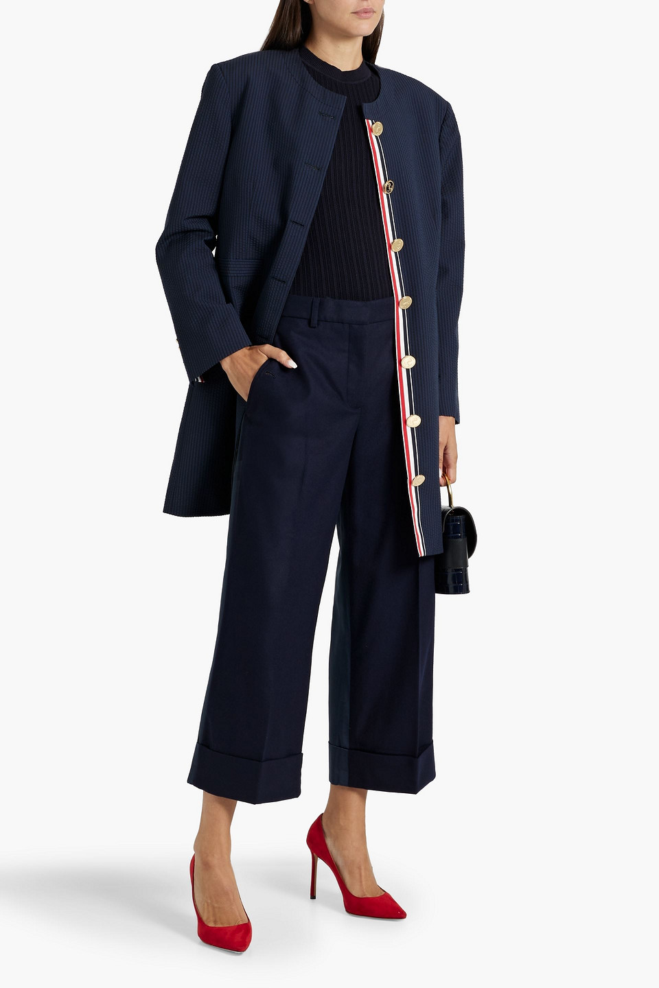 Thom Browne Striped Wool-seersucker Coat In Navy
