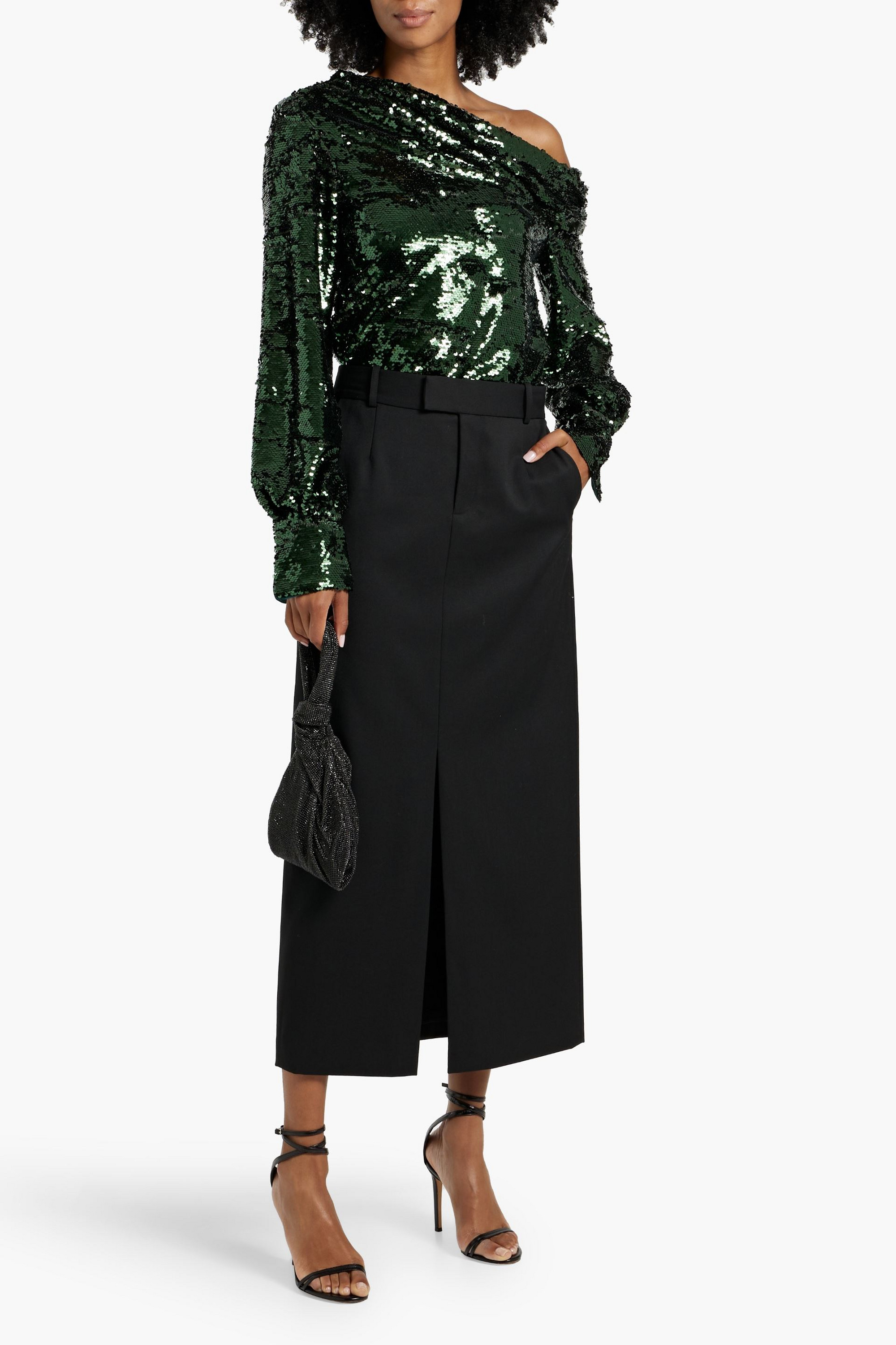 SIMKHAI Alice one-shoulder draped sequined tulle top