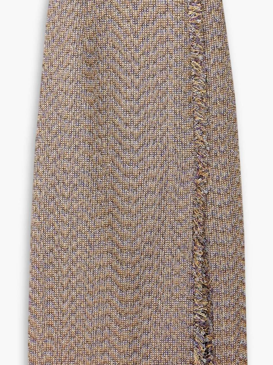 gia wrap-effect fringed metallic tweed midi skirt