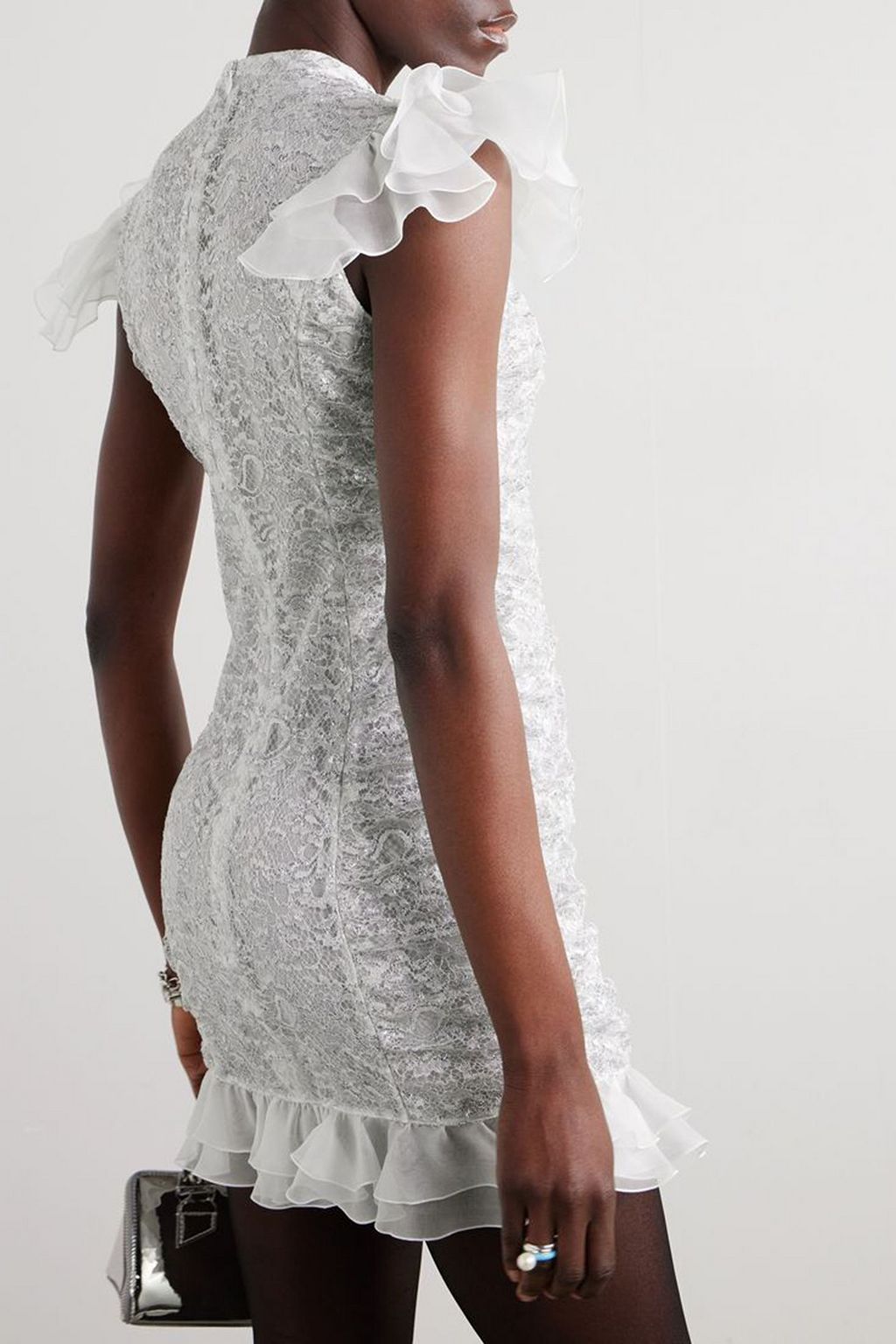 ALESSANDRA RICH Pussy-bow ruffled silk-organza trimmed metallic lace mini dress