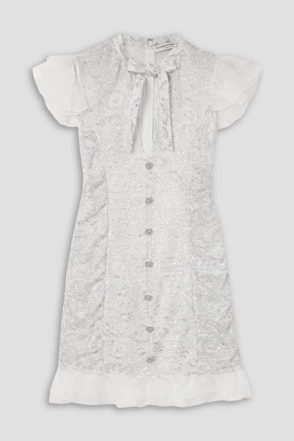 Alessandra Rich Pussy-bow Ruffled Silk-organza Trimmed Metallic Lace Mini Dress In White