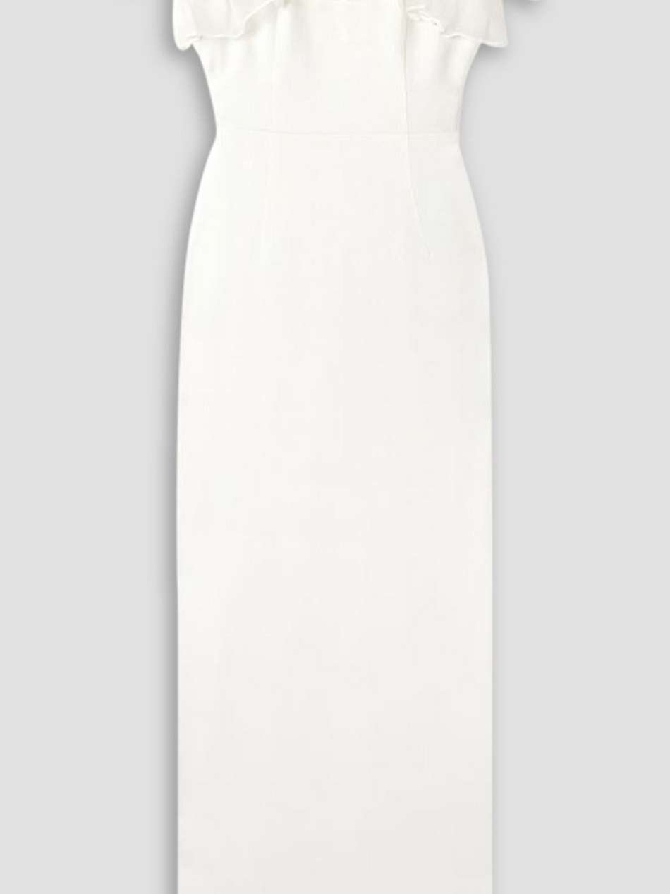 strapless appliquéd ruffled silk organza-trimmed cady gown