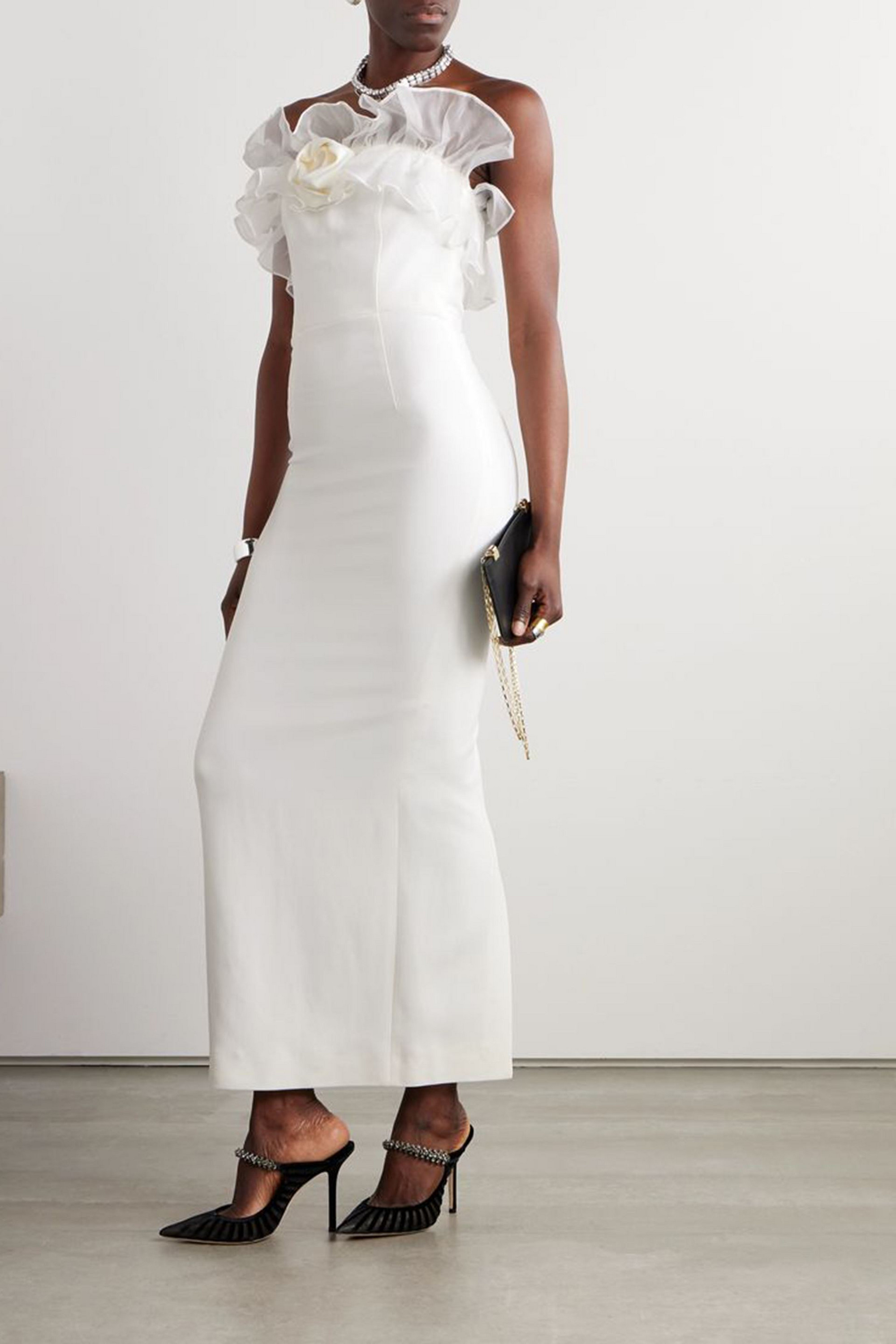 Alessandra Rich Strapless appliquéd ruffled silk organza-trimmed cady gown