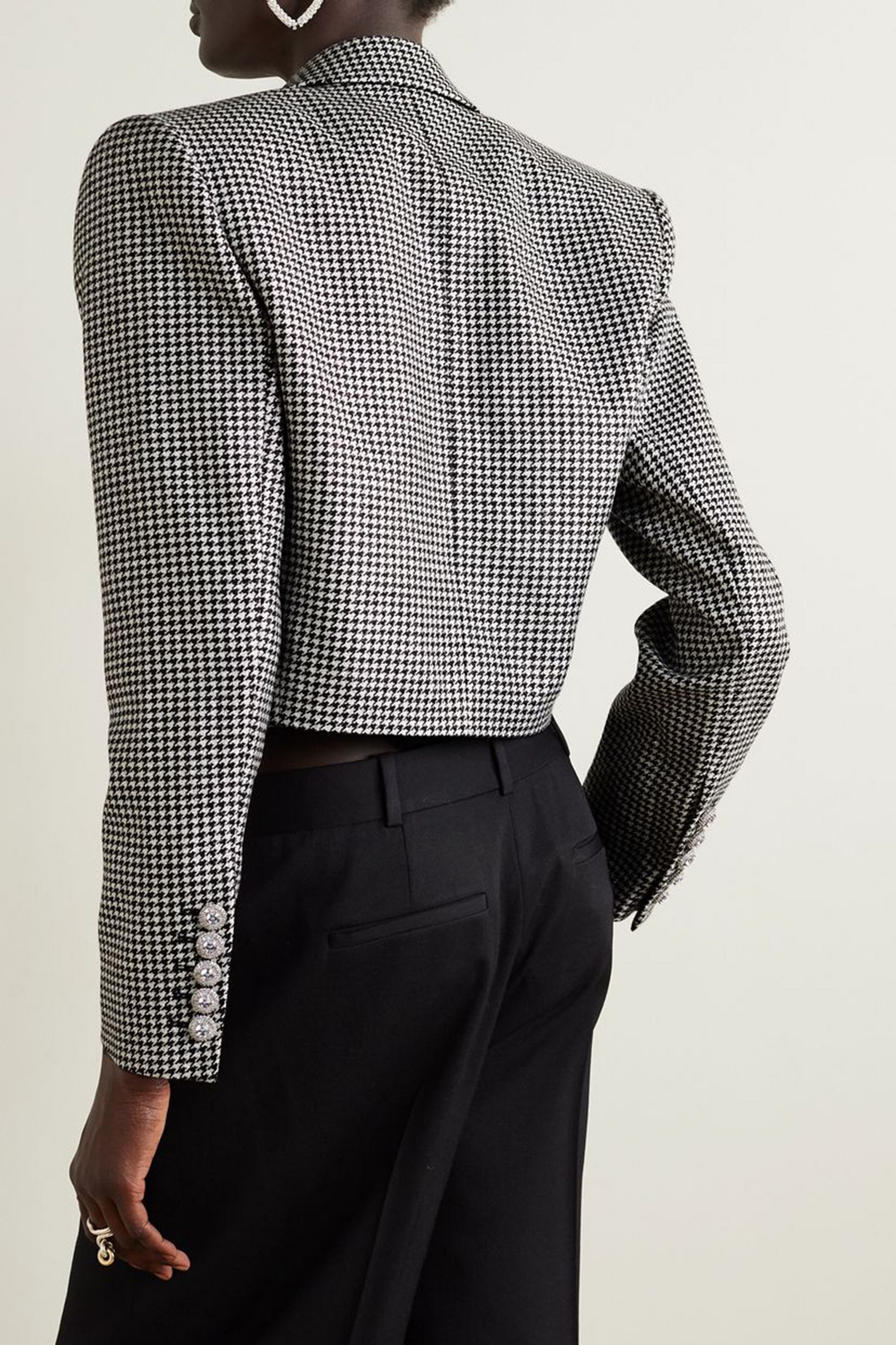 Alexandre Vauthier Cropped satin-trimmed metallic houndstooth wool-blend blazer thumbnail