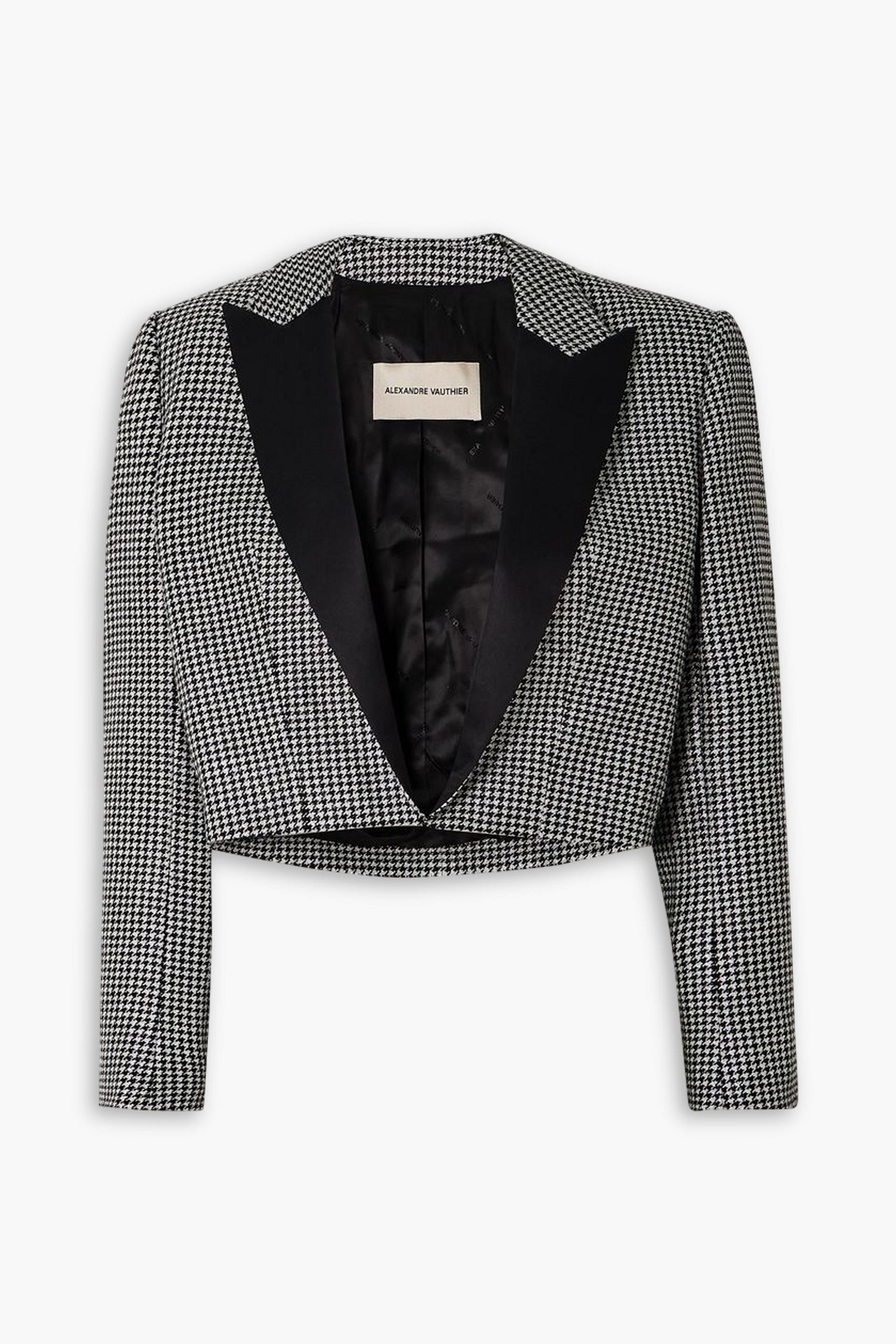 Alexandre Vauthier Cropped satin-trimmed metallic houndstooth wool-blend blazer thumbnail