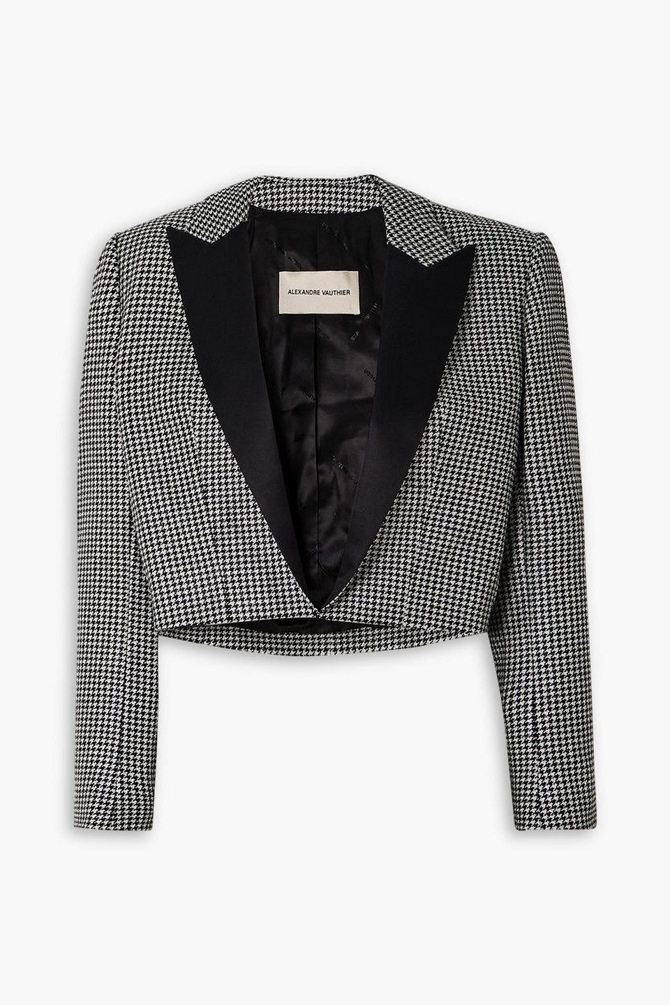 Alexandre Vauthier Cropped Satin-trimmed Metallic Houndstooth Wool-blend Blazer In Black