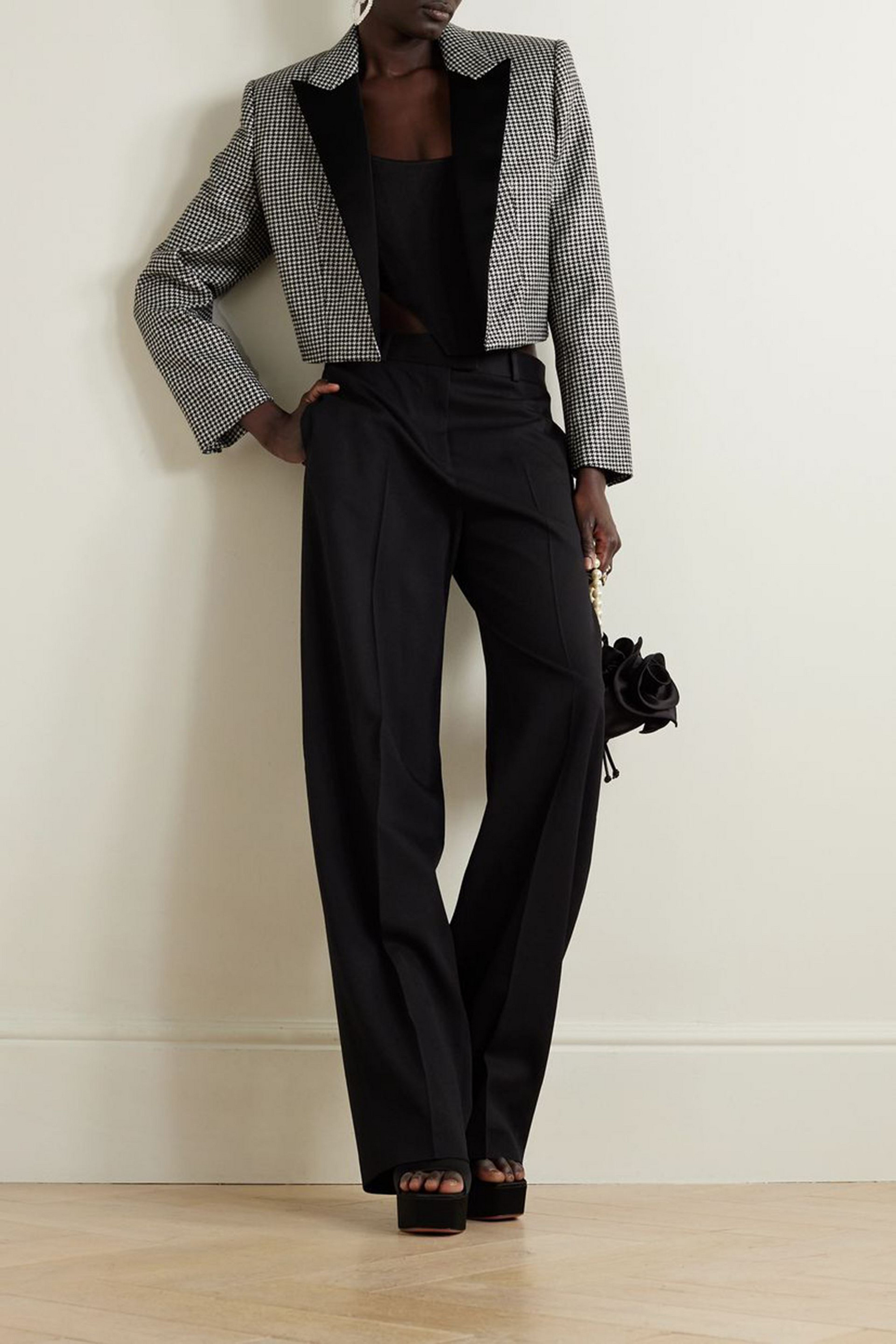 Alexandre Vauthier Cropped satin-trimmed metallic houndstooth wool-blend blazer