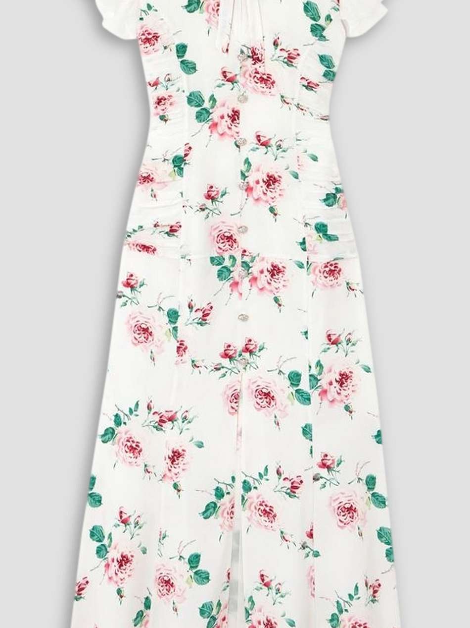 organza-trimmed floral-print silk midi dress
