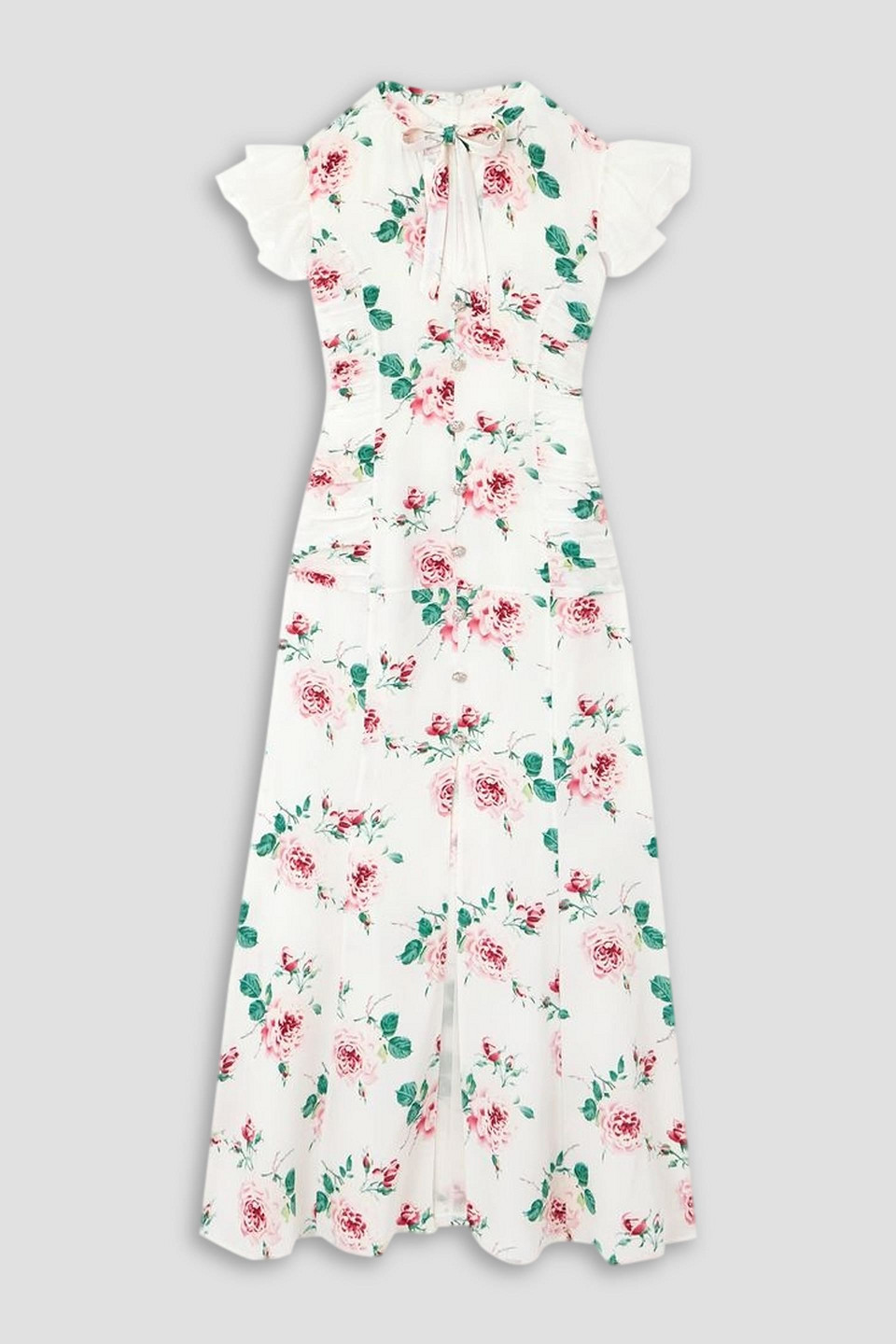 Alessandra Rich Bow-detailed Embellished Organza-trimmed Floral-print Silk Midi Dress In White