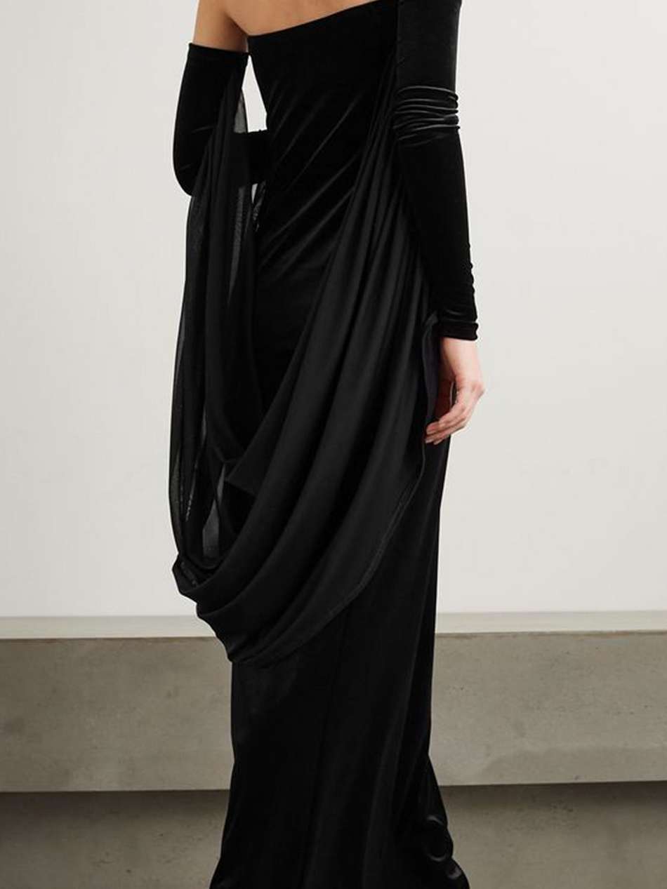 strapless velvet and mesh maxi dress