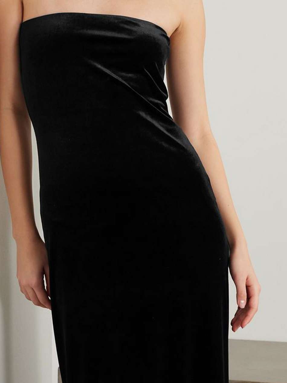 strapless velvet and mesh maxi dress