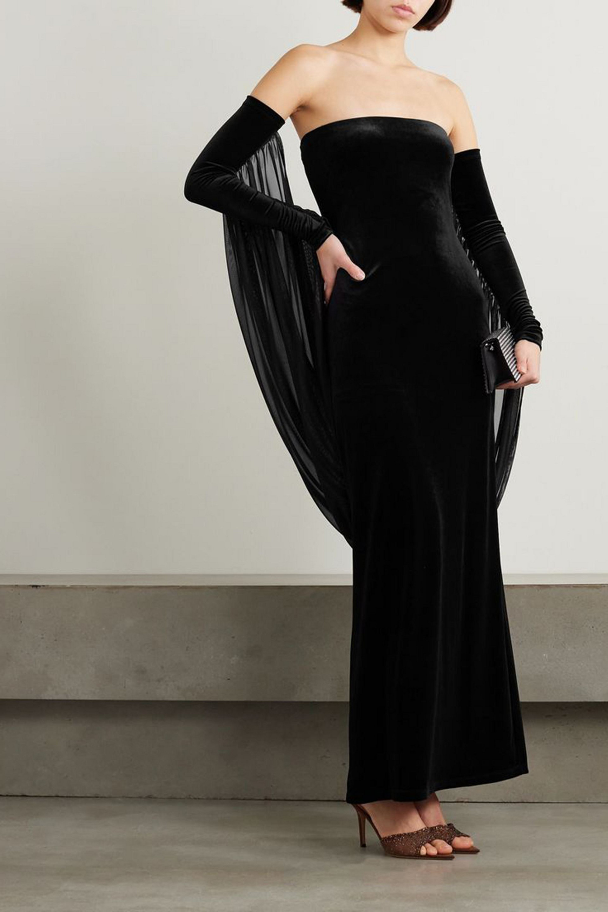 Michael Lo Sordo Strapless velvet and mesh maxi dress