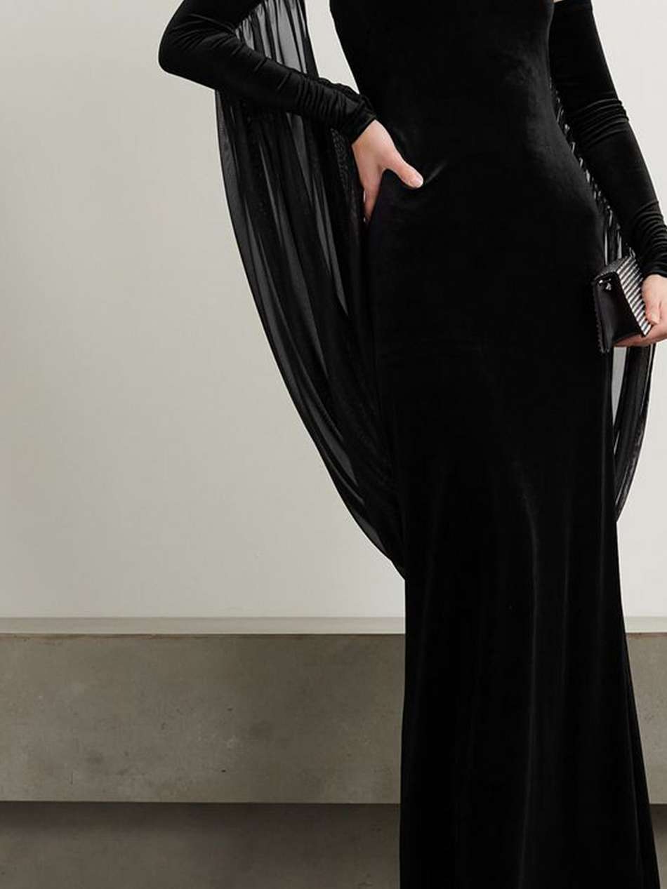 strapless velvet and mesh maxi dress