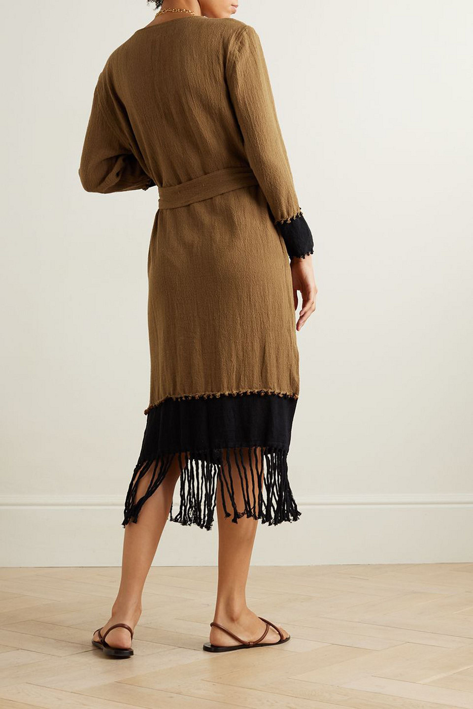CARAVANA SUHAY BELTED TWO-TONE FRINGED COTTON-GAUZE ROBE 