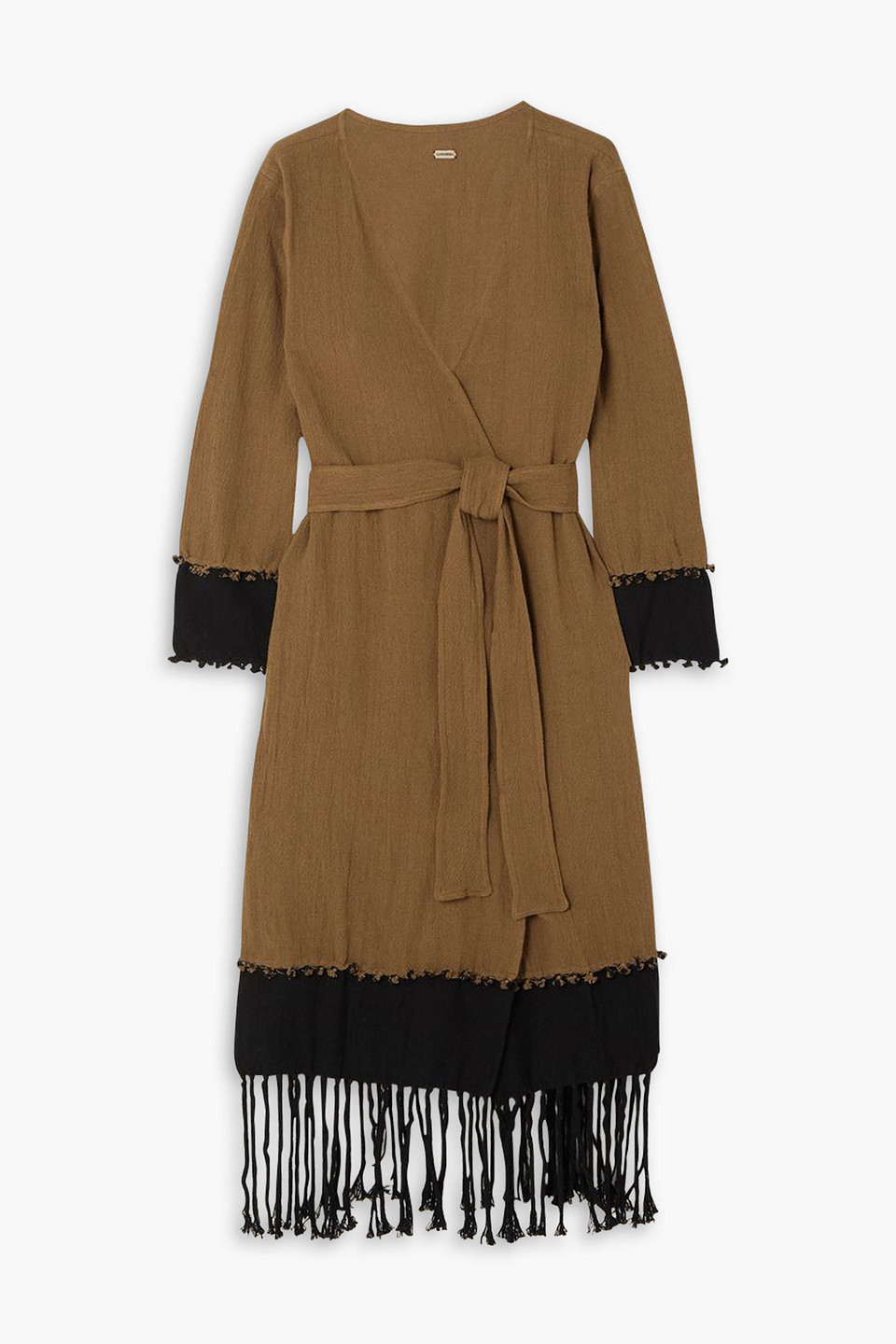Caravana Suhay Belted Two-tone Fringed Cotton-gauze Robe In Light Brown