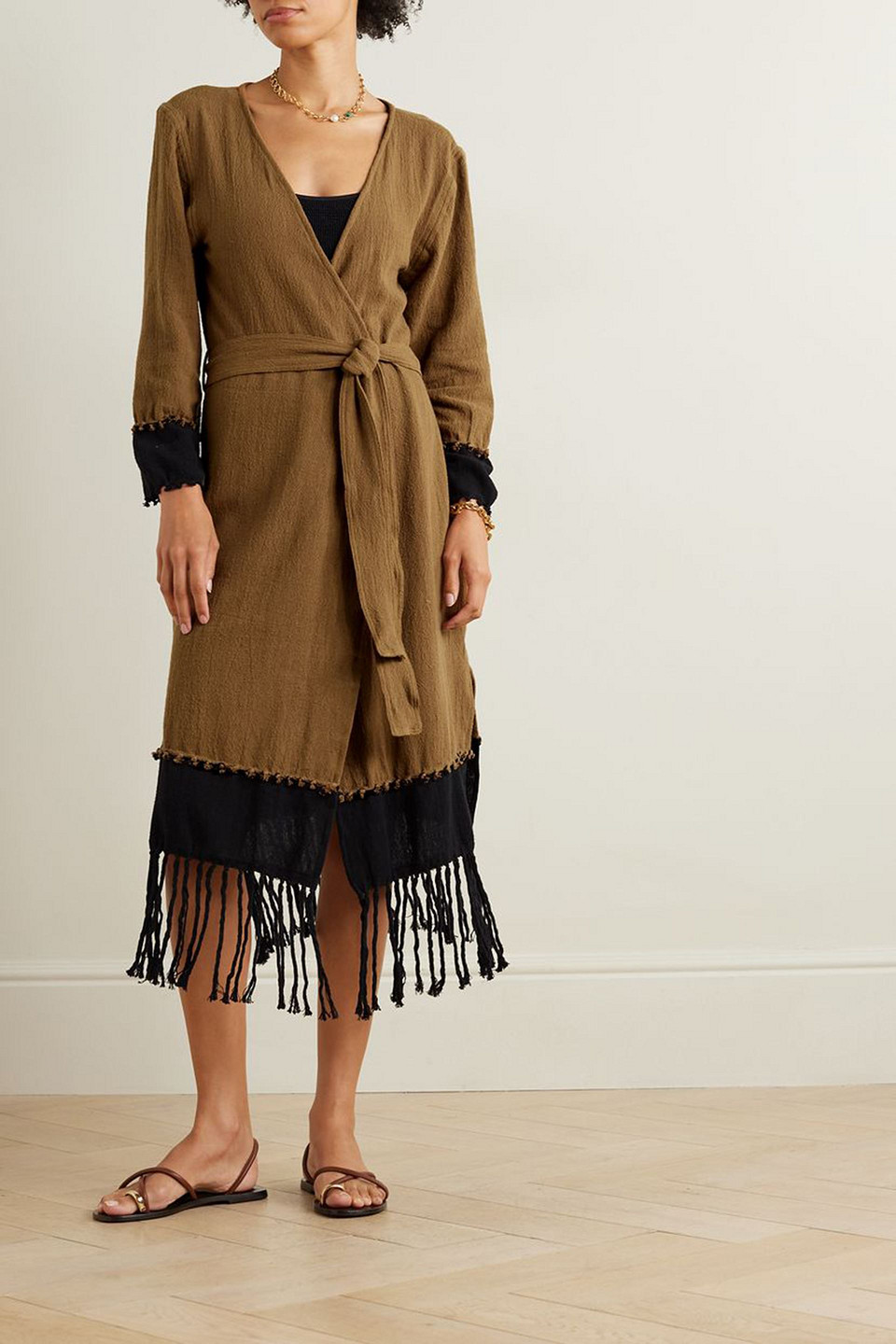 CARAVANA SUHAY BELTED TWO-TONE FRINGED COTTON-GAUZE ROBE 