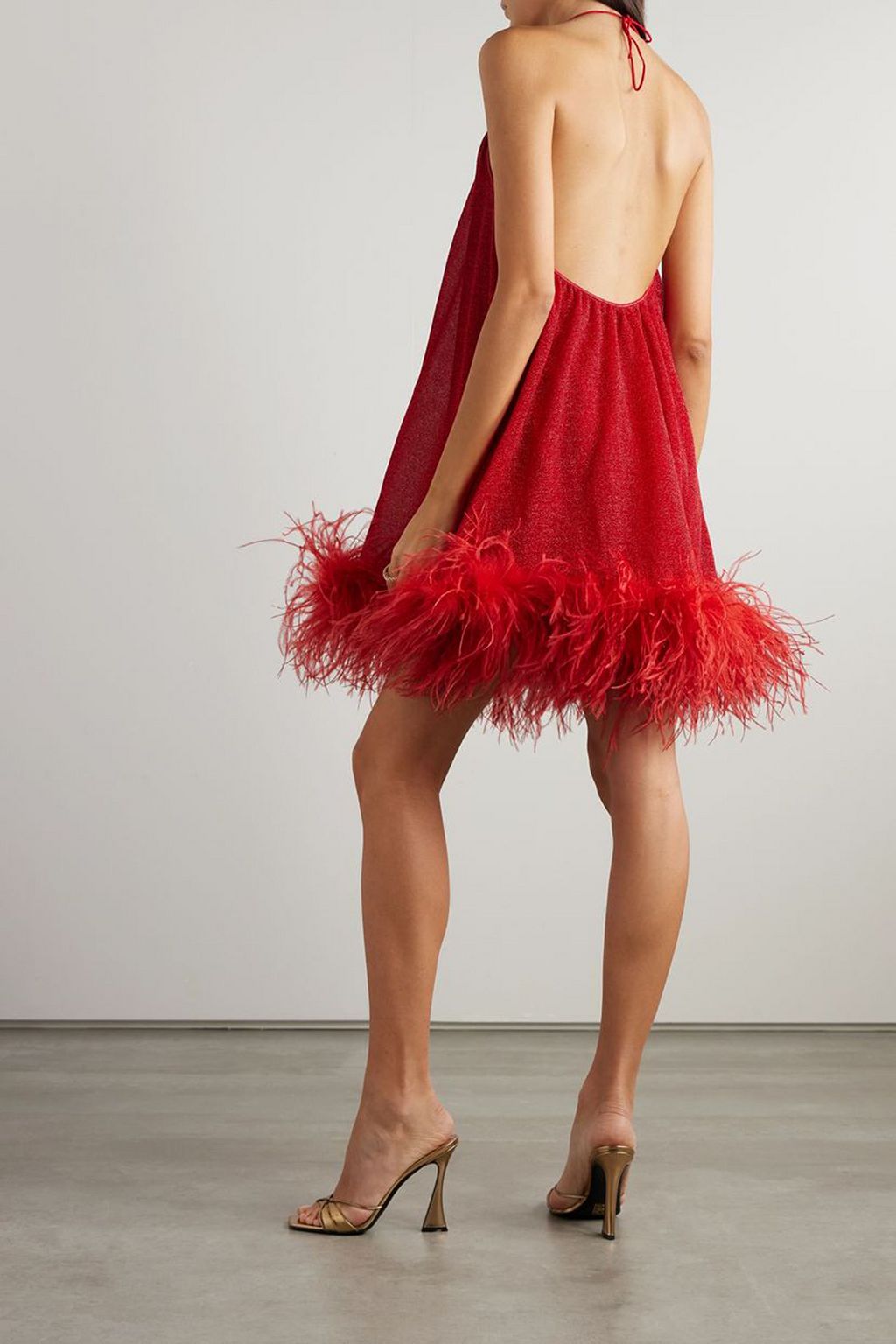 OSÉREE Lumière feather-trimmed metallic stretch-knit halterneck mini dress