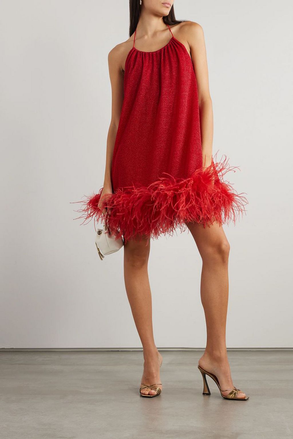 OSÉREE Lumière feather-trimmed metallic stretch-knit halterneck mini dress
