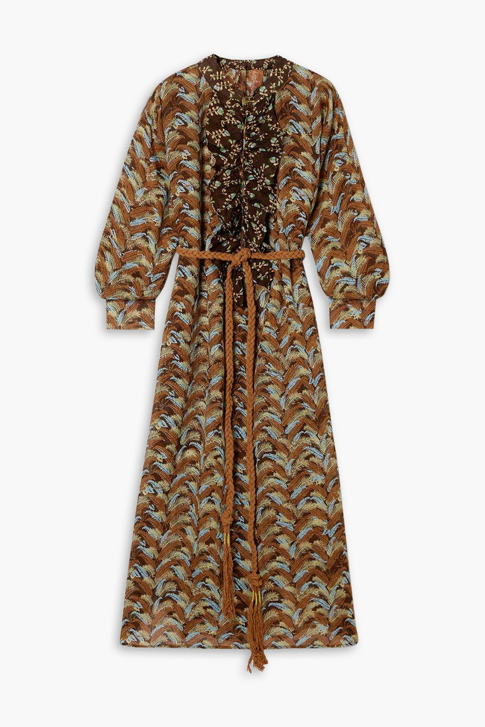 Frill belted ruffled printed linen-gauze maxi dress