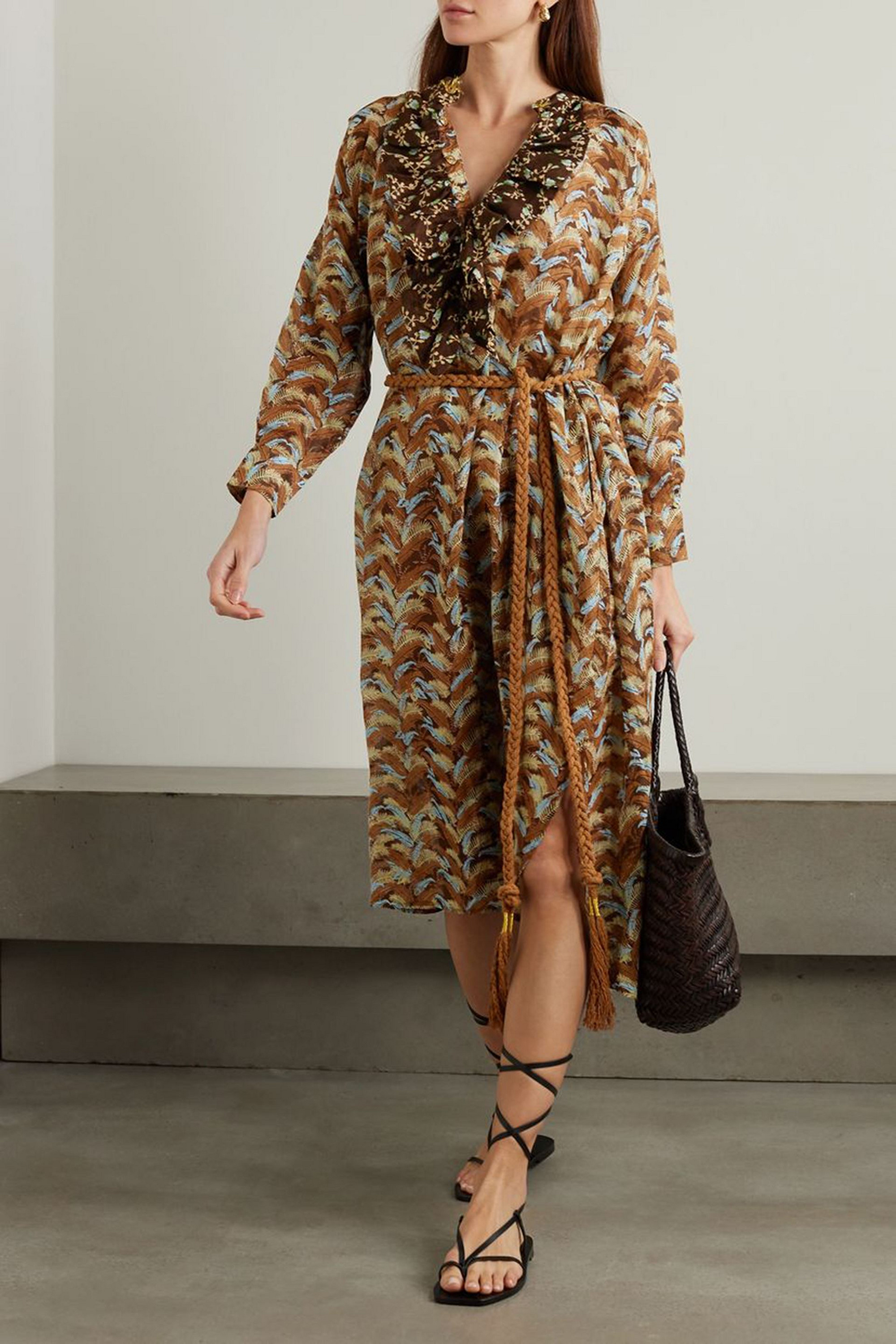 eberjey Frill belted ruffled printed linen-gauze maxi dress