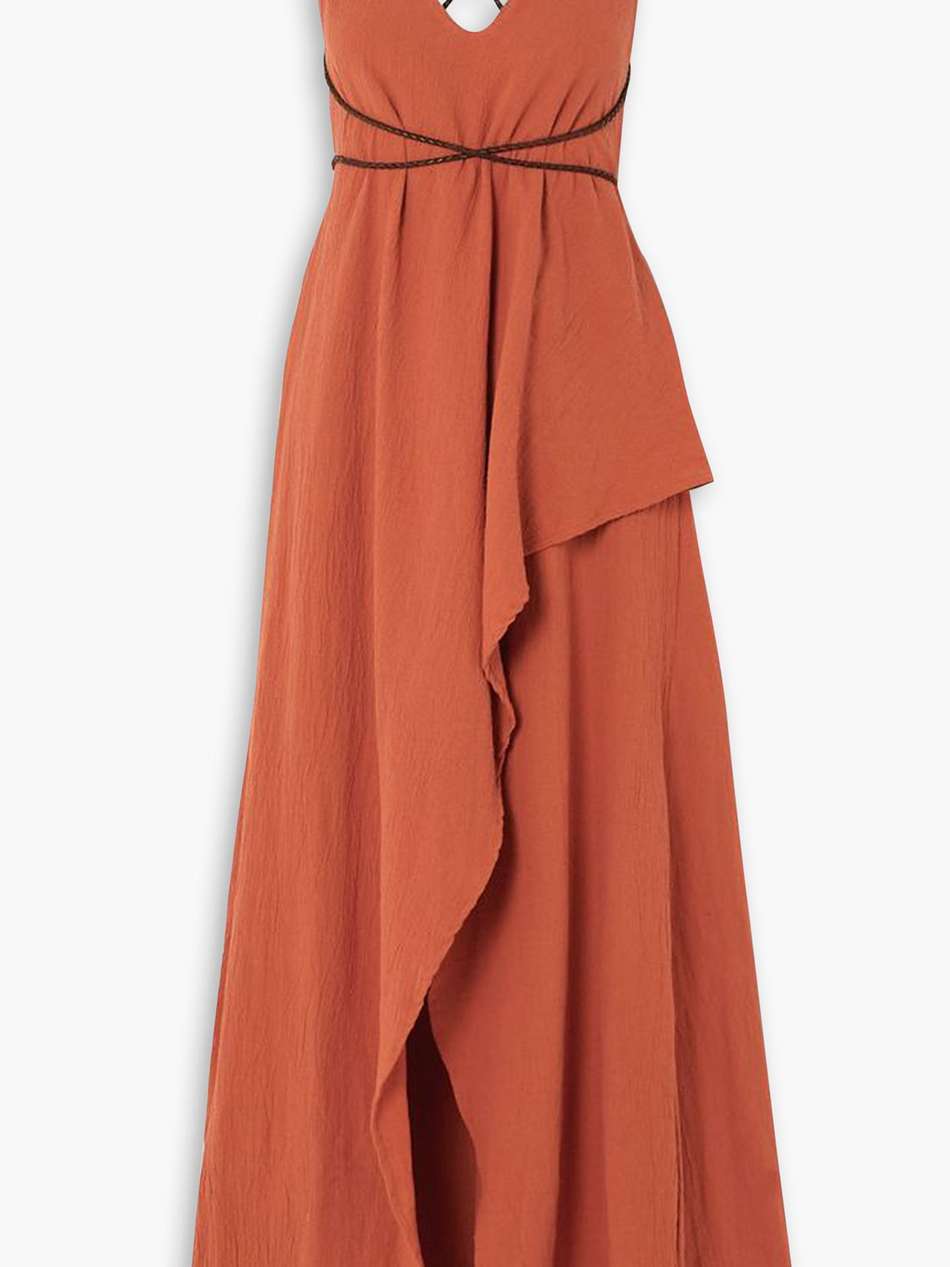 pakaku asymmetric leather-trimmed cotton-gauze maxi dress